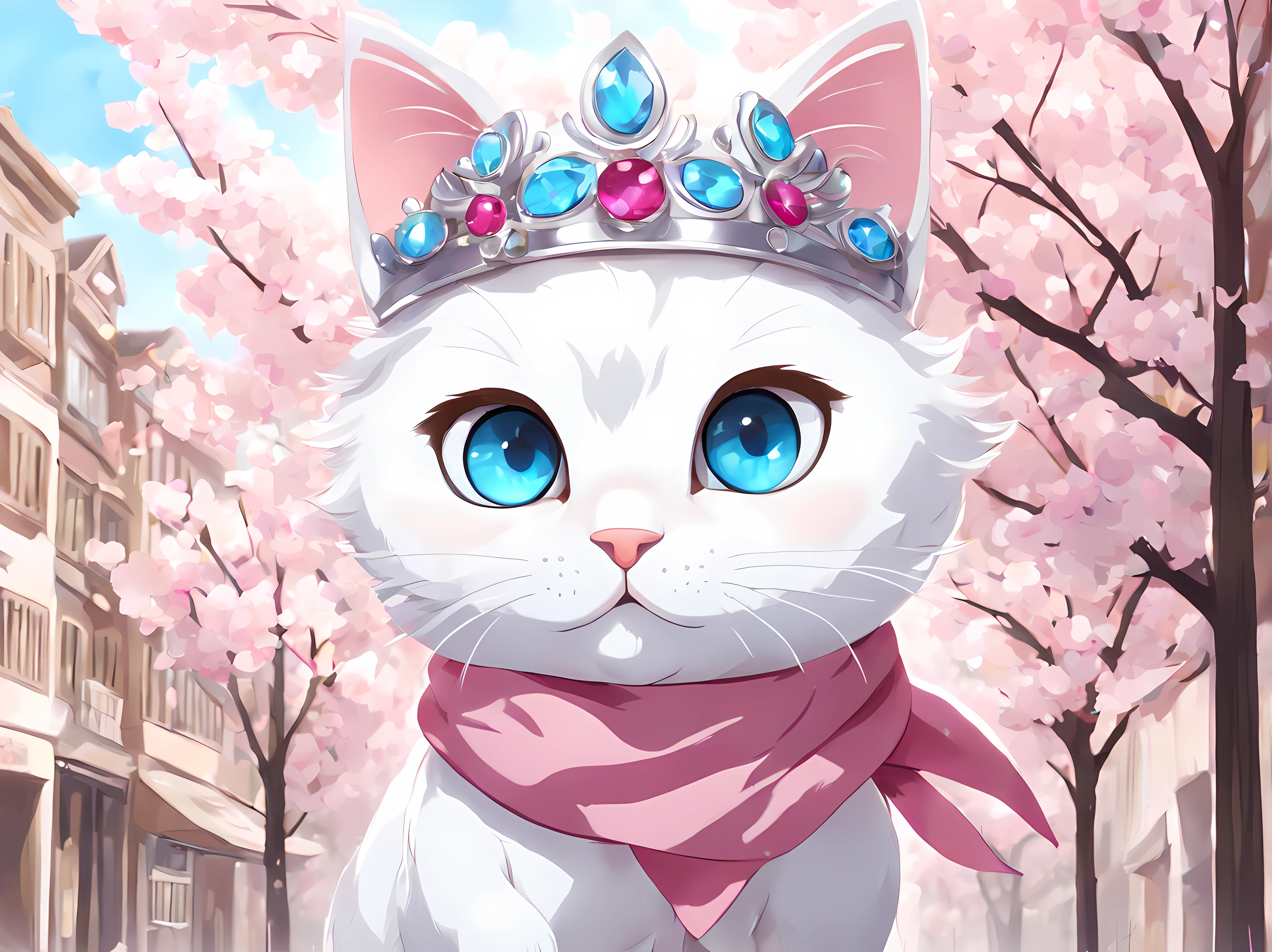 Cute Cartoon, CuteCartoonAF, (cute cartoon style:1.3), (front view:1.3), (solo:1.3), adorable white ((cat)) (vivid big eyes) ((((looking at the viewer)))), ((wearing jeweled crown)), ((wearing noble scarf)), ((walking on the street)), falling petals of cherry blossoms, (urban), masterpiece, 4k, highly detailed, shiny, blue eyes