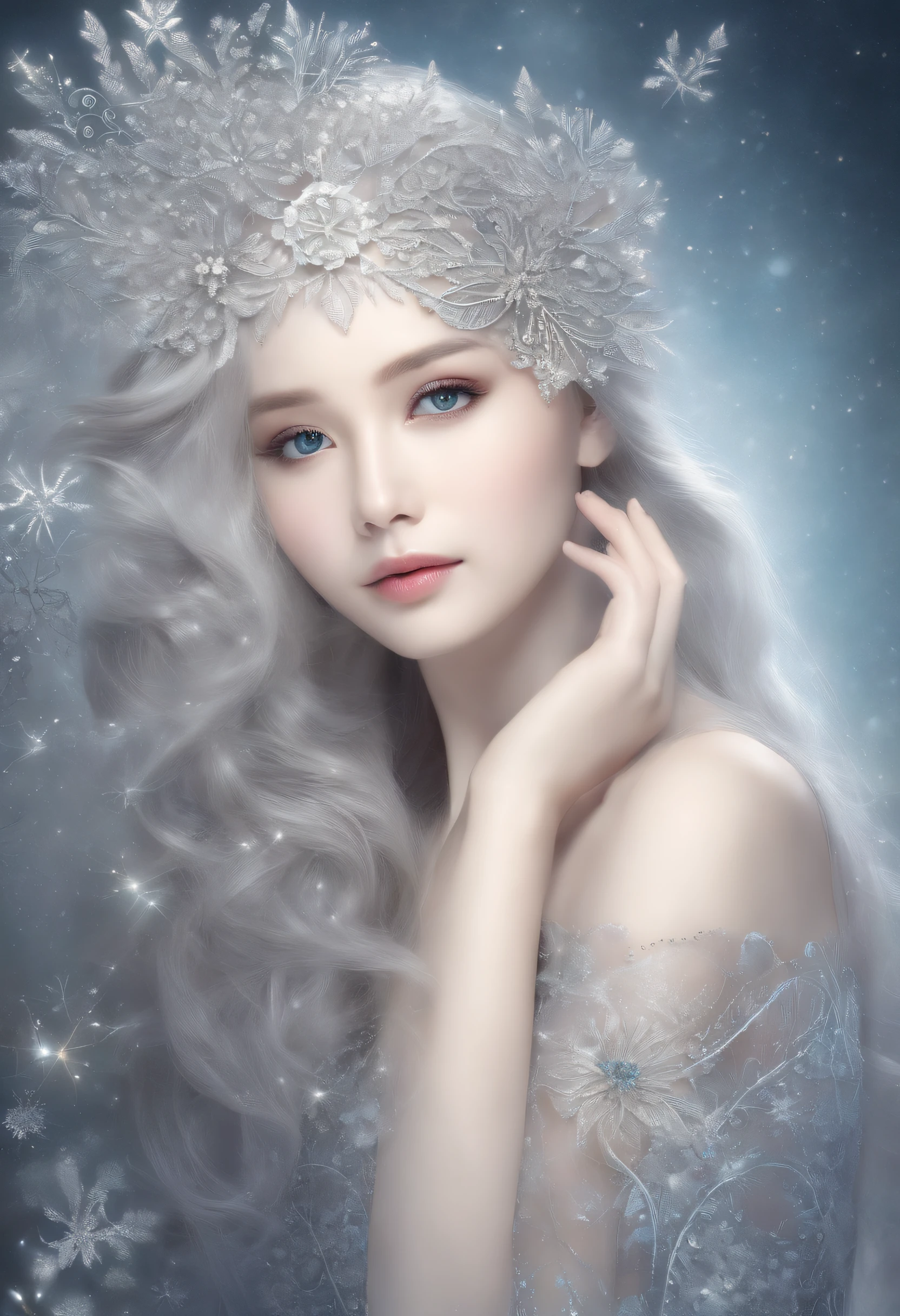 (1 girl with beautiful face、10yaers old、独奏、From Side)、Silver hair、Blue eyes、tre anatomically correct、ighly detailed、(Abstract background、Zentangle、Fractal Art:1.2)、(Winter theme、colourfull:1.1)、(pluma、Diamond Dust:1.3)、dynamicposes、耳Nipple Ring