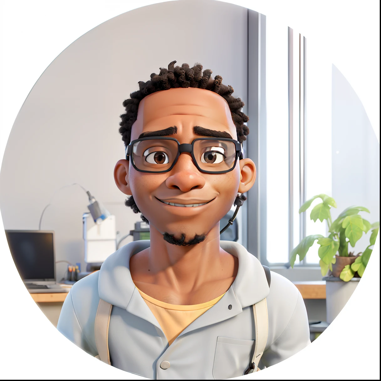 (really high resolution, ultra-high resolution, (masterpiece: 1.4), hyper-detailed, messy young black man with short hair wearing welding glasses, dressed in a very techy robotic arm workstation)