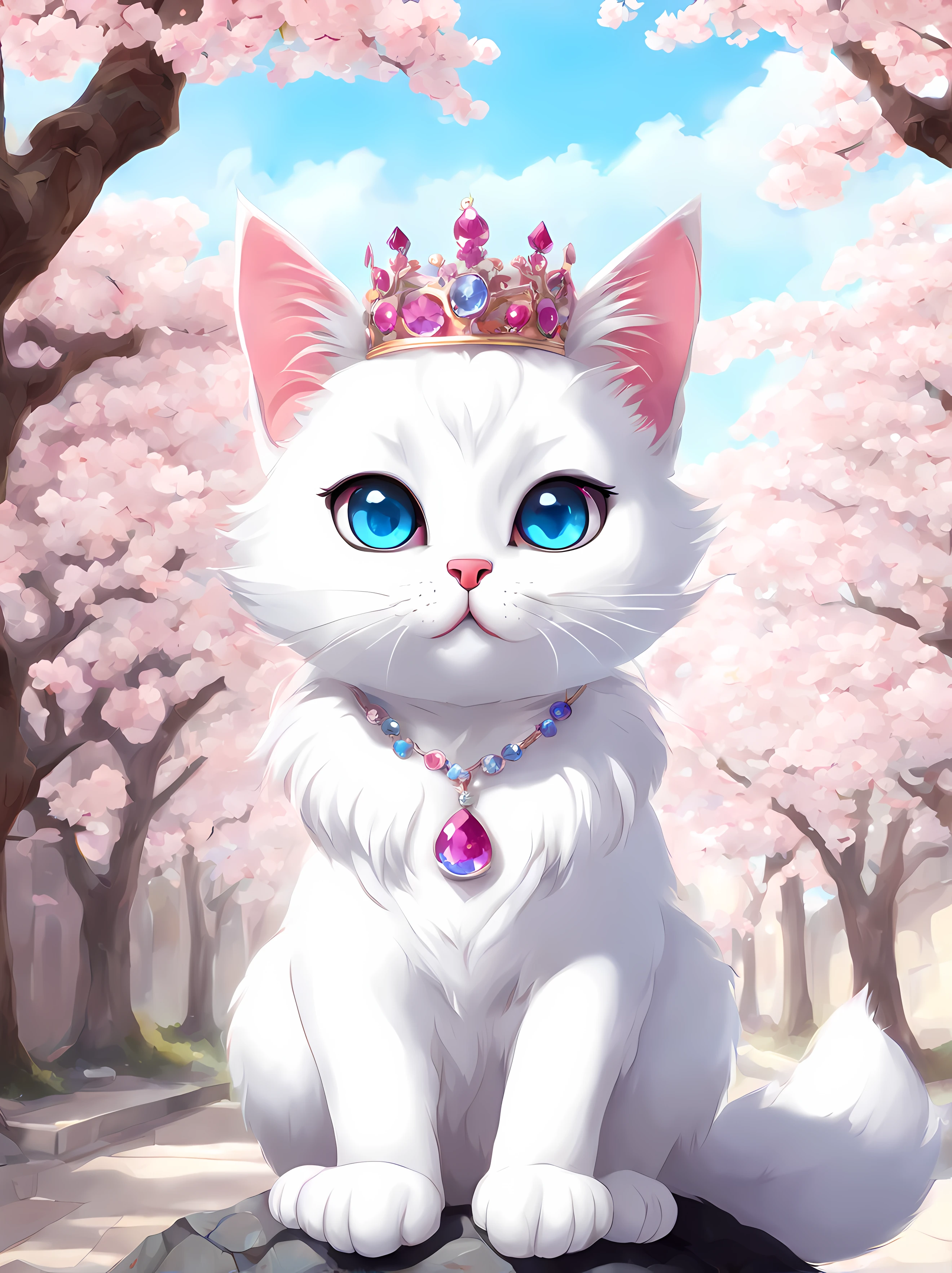 Cute Cartoon, CuteCartoonAF, (cute cartoon style:1.3), (solo:1.3), adorable white ((cat)) (vivid big eyes) (((looking at the viewer))), ((wearing jeweled crown)), (wearing noble cloak), (sitting on a rock), cherry blossom park, ((urban)) street background, masterpiece, 4k, highly detailed, shiny, ((divine aura)), blue eyes