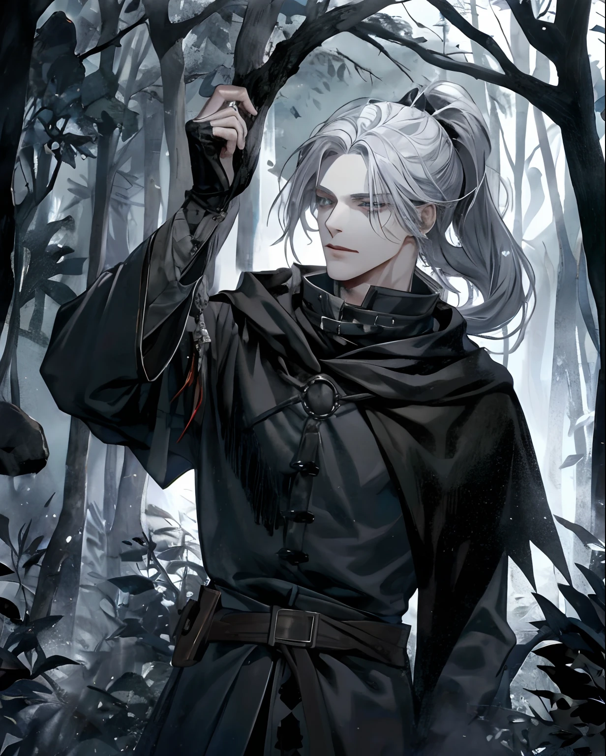 1male, beautiful, silver hair with low ponytail, dark grey eyes, detailed eyes, black cloak, dark sorcerer, rogue mage, alone in a dark forest, depressed, medieval fantasy, blood magic, condescending