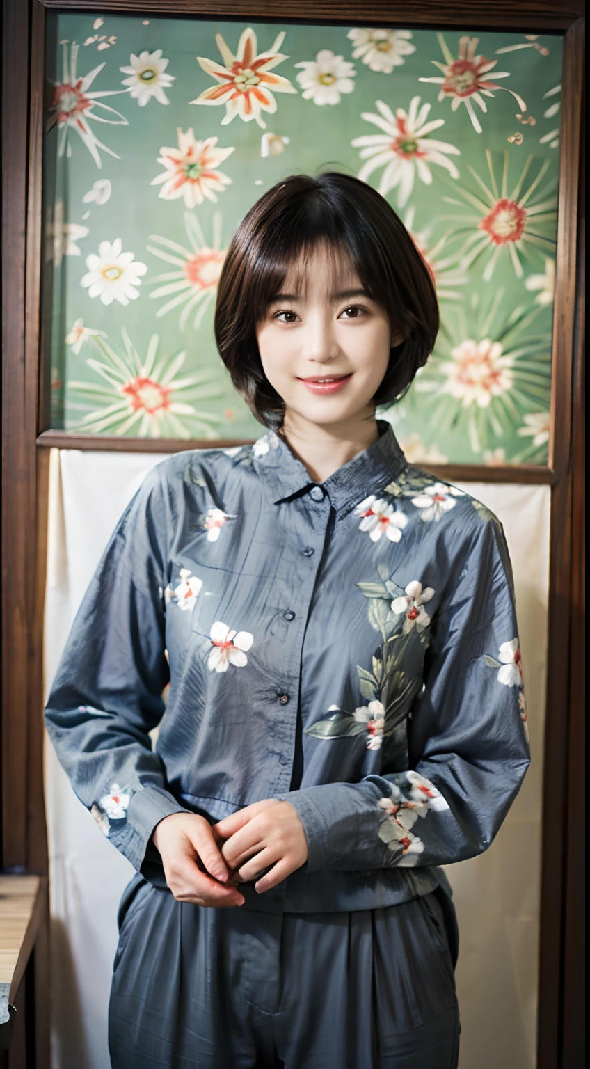 93
(a 20 yo woman,is standing), (A hyper-realistic), (masutepiece), ((short-hair:1.46)), (Smooth black hair), wear long pants, (Wearing a long-sleeved shirt with a floral print), (painterly、picture frame), (Gentle smile), (Keep your mouth shut)