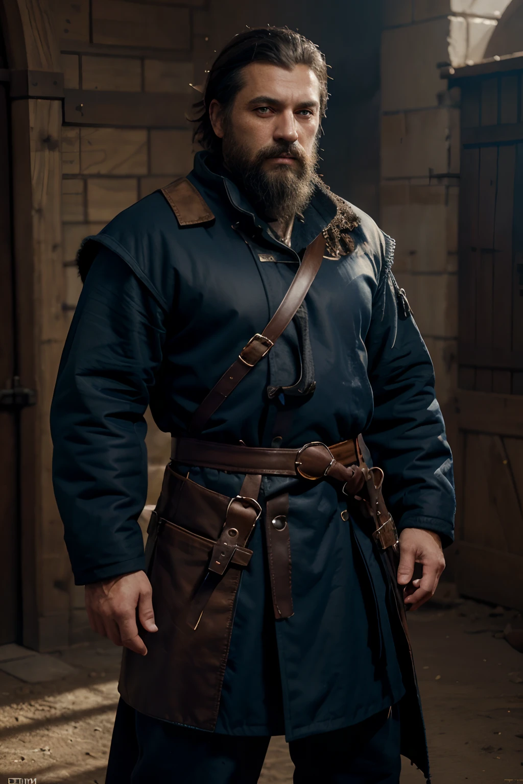 Robust middle-aged man with a brown skin bleu eyes an imposing presence. His eyes are an intense blue of madness. blue eyed magic knife. desert background.Thick and unkempt beard coat and patched clothing worn by sandstorms. Long knife tapered to his waist y, fantasy material art, best quality, materpiece, 4k , hd , utra detailed animation 8k , anime , fantasy design , dark fantasy, manga style