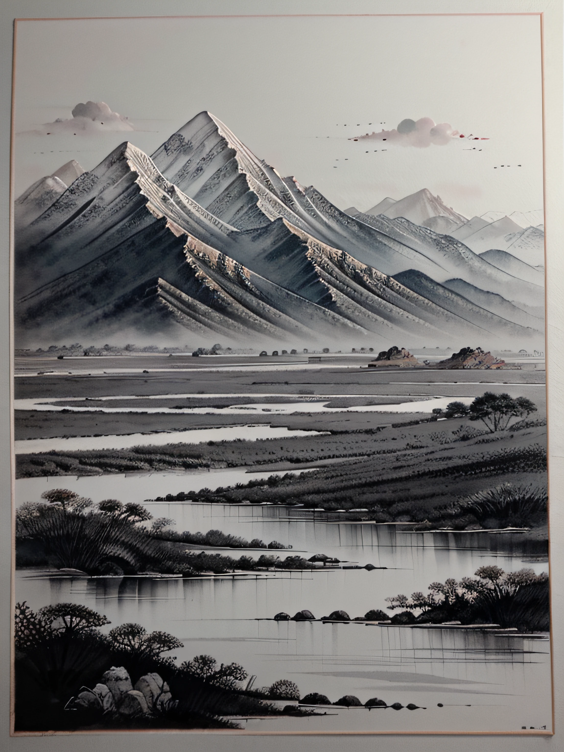 Chinese painting;ink and watercolor painting;Meticulous;Freehand painting;Gobi;mountain ranges;Tang dynasty style;black andwhite;traveller;Ancient Style;