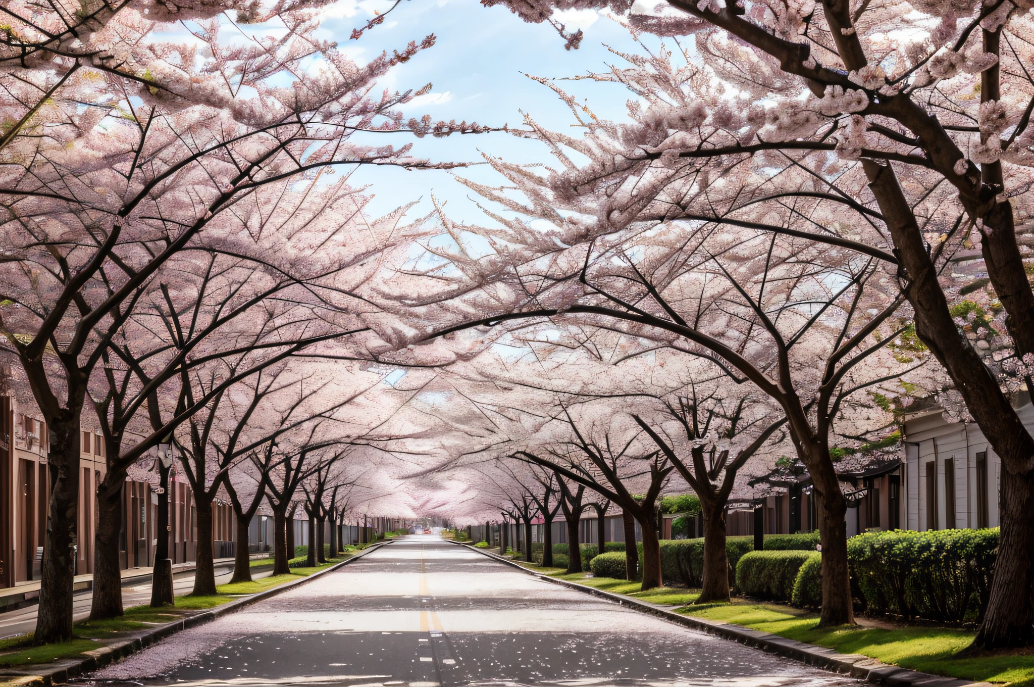 professional,photography,street,cherry blossom trees,beautiful,tall,flourishing,majestic,colorful,spring,eye-catching,blooming,picturesque,serene,tranquil,detailed,highres,ultra-detailed,photorealistic:(1.37),vivid colors,soft pastel tones,natural lighting,enchanting,peaceful atmosphere,leaves dancing in the wind,subtle breeze,rays of sunlight filtering through the branches,blossoms in various shades of pink,light pink,pale pink,dark pink,white petals falling gently,elegant pedestrians passing by,enjoying the scenery,nostalgic vibes,authentic and realistic,showcasing the beauty of nature,romantic setting,perfect harmony between nature and urban life,calm and inviting,graceful arches of the cherry blossom tree branches framing the street,picturesque alleys leading to hidden corners of beauty,memorable sight,instilling a sense of wonder,transporting viewers into a serene world where time slows down,immersive experience,mesmerizing display of nature's splendor,dreamlike ambiance,cherishing the ephemeral beauty of cherry blossoms.