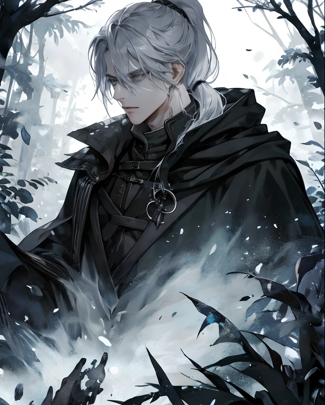 1male, beautiful, silver hair with low ponytail, dark grey eyes, detailed eyes, black cloak, dark sorcerer, rogue mage, alone in a dark forest, depressed, medieval fantasy, blood magic, calm