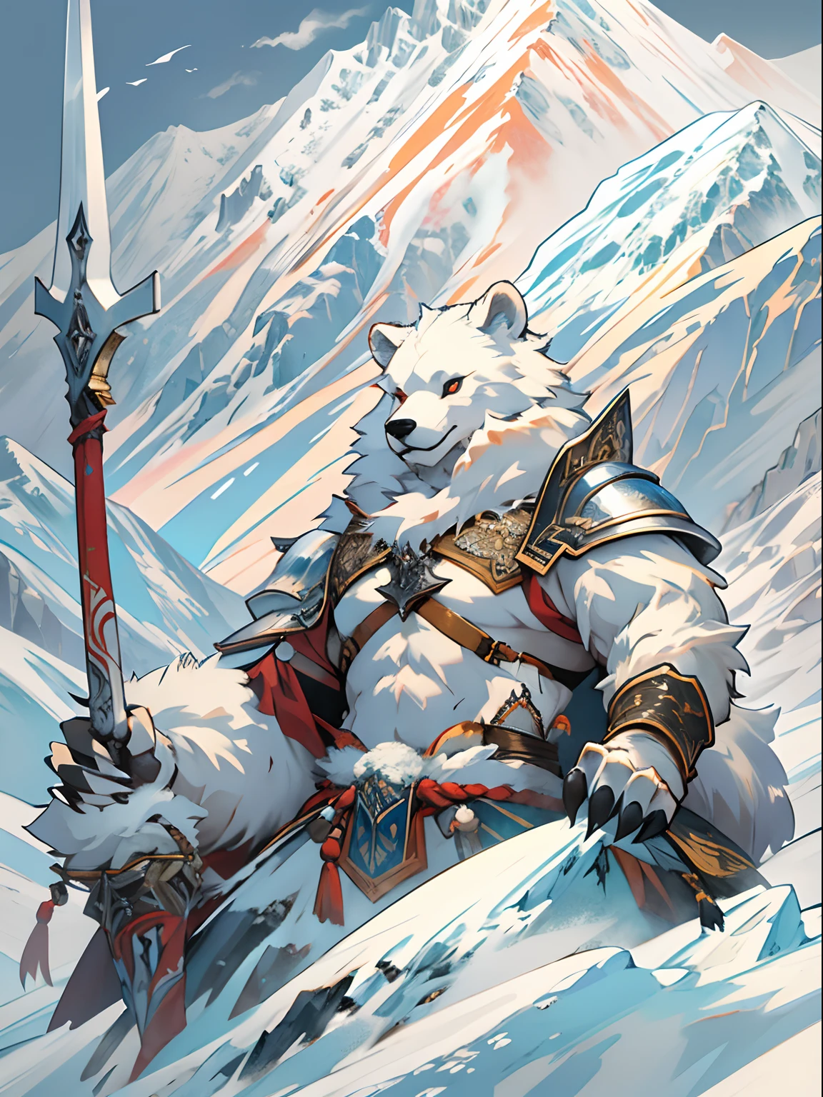 foreground（White Bear Warrior，Armor and fur，Claws，Stout body）Background with（snow mountains，mountain peaks）