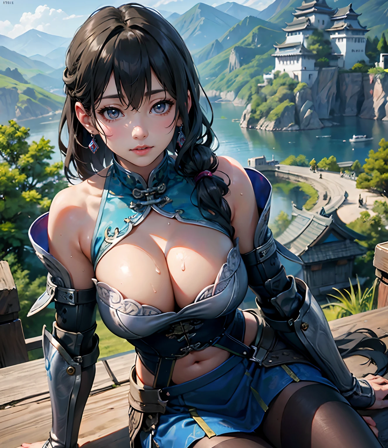 超高分辨率, (Photorealistic:1.4), RAW photo, Best quality, (Masterpiece:1.2), illustration, absurderes, Bright colors, Vivid colors,
(1girll), (Solo), (Beautiful detailed girl),
Wang Yi, Black hair, With gray eyes, earring,
Blue collar, Armor, cleavage, cleavage cutout, Shoulder armor, Leg armor, mitts, Boots, Blue pantyhose, covered navel,
Distant mountains, Chinese architecture, Feudal China, Chinese fortress, Green trees, sky, Clouds,
From above,
standing,Sit on a stone chair, huge tit, Crazy swollen breasts, Slimming the waist, Fitness model, Ruddy cheeks, Sweaty
