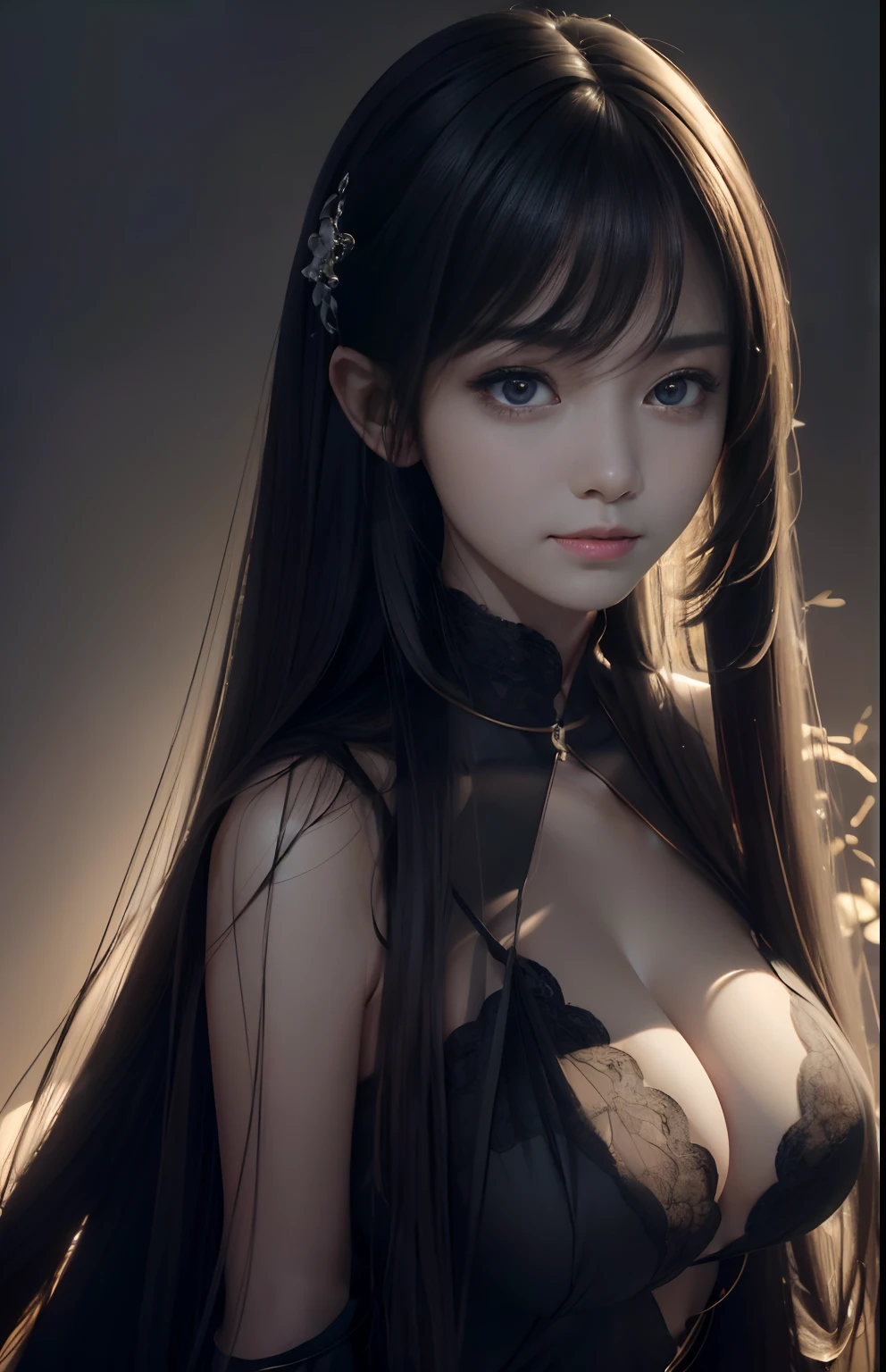 (Hyper-realistic) , (illustratio), (Increase the resolution), (8K), (extremely detaile), (Most Best Illustration), (美丽细致的眼睛), (best qualtiy), (ultra - detailed), (tmasterpiece), ( the wallpaper), (详细的脸), 独奏,1个Giant Breast Girl, looking at viewert, exquisite detailing, 详细的脸, in the darkness nigth, deep shading, low tune,pureerosfaceace_V1, ssmile,long whitr hair，Black shawl straight hair，46 points oblique bangs，big breasts exposed cleavage