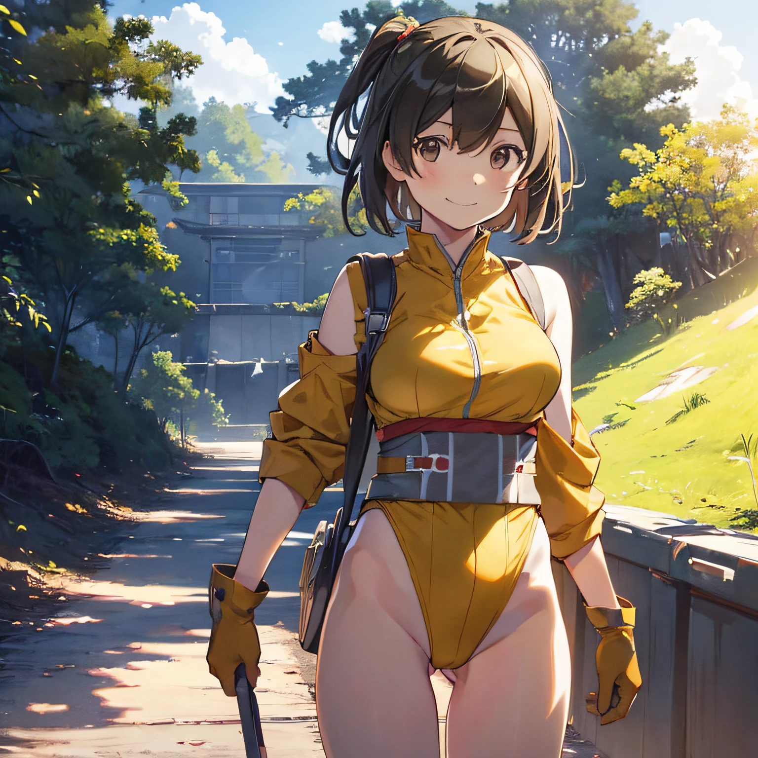 (masutepiece, Best Quality:1.2), Cowboy Shot, Solo, 1girl in, Hiryū, Smile, Looking at Viewer, yellow leotard、One side up, , partially fingerless gloves、Facing the front