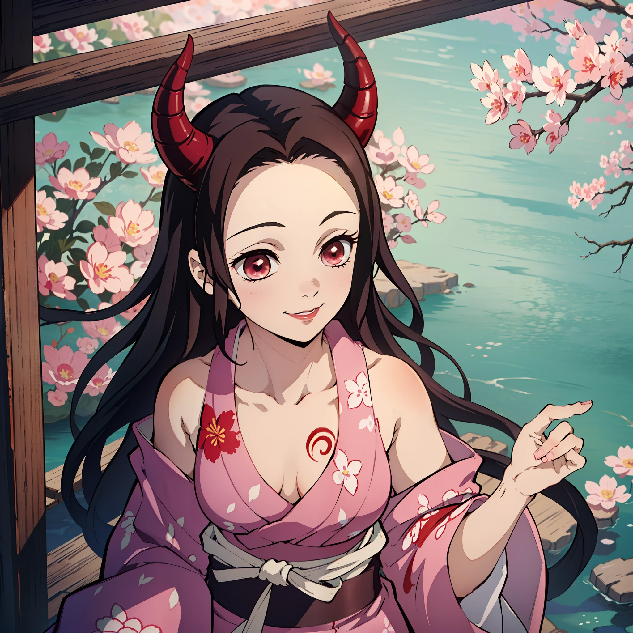 (masterpiece, best quality:1.2), kimetsu no yaiba style, kamado nezuko, (1girl, solo), 20years old, upper body, (pink kimono, open chest, bare shoulder), floral tattoo on neck and chest, (red demon horns, red eyes), happy smile, (standing on the wooden balcony:0.8), (natural lake background:1.2)