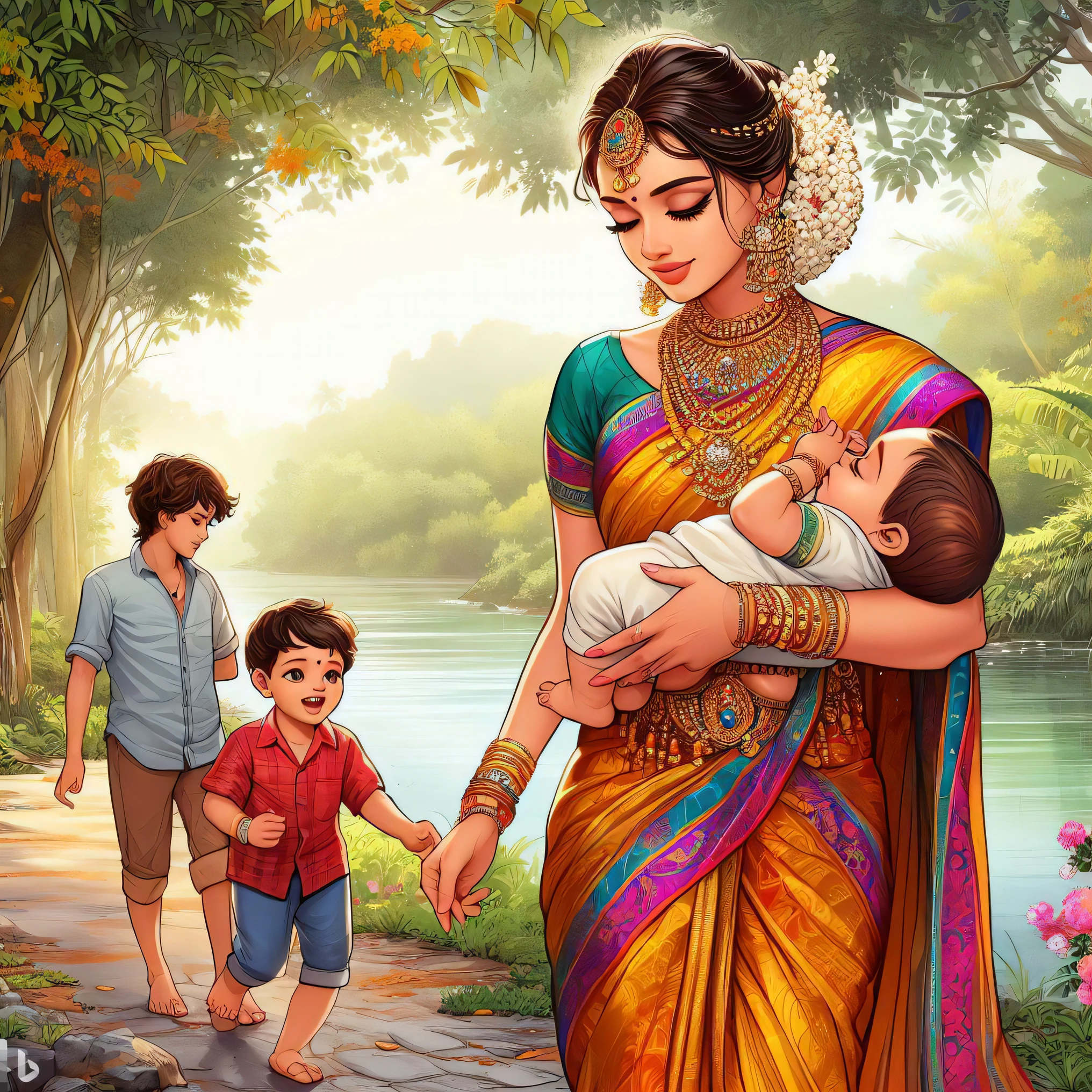 A beautiful indian mother, perfect body, traditional vibrant green saree, red blouse, indian traditional cloth, indian traditional blouse , smooth lips, red lipstick, tight blouse, cleavage, red circular bindi on middle of the both eyebrow , bangles, blue ribbon, saggy boobs, saggy breast, saggy tits, sleeping with kids, breast feeding, kids sucking boobs, kids sucking nipple on a Rectangular piece of traditional coarse cotton cloth on a cultivated land, green crops, beautiful crops 2d style, wide angle camera view, focus on whole environment, cel-shading, 8k, high quality, masterpiece, makoto shinkai style effect, makoto shinkai style lighting,, vibrant colors, intricate details, ultra detail quality, extreme high quality, ((masterpiece, 1:2))