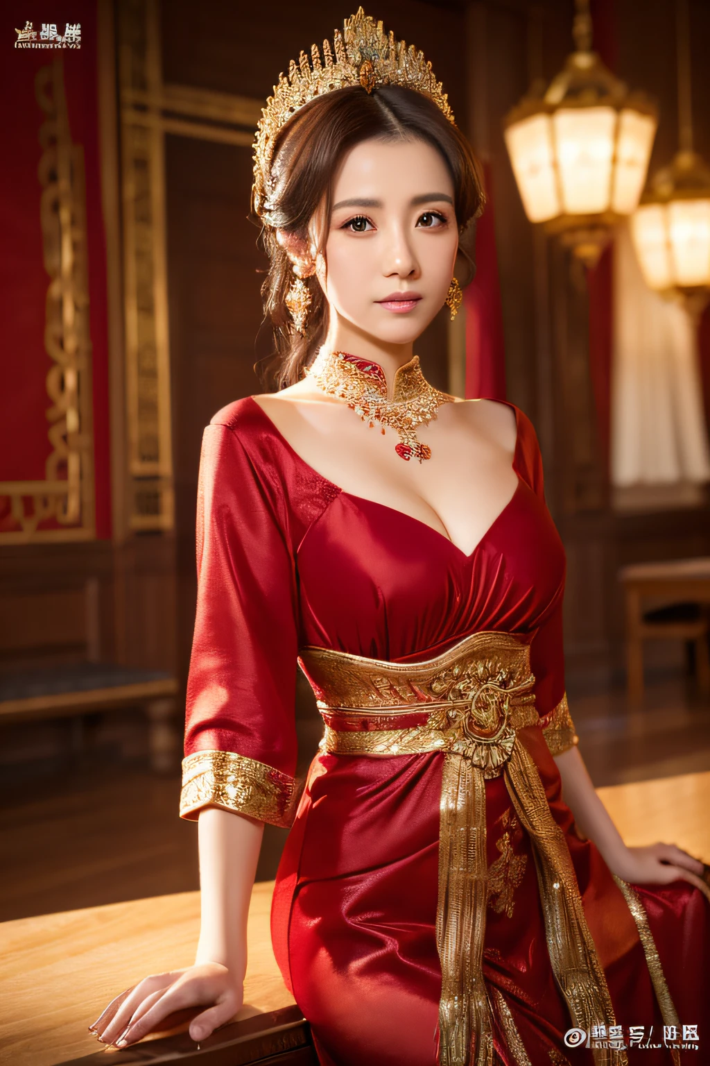 (top-quality,8K,masterpiece),A woman in Arafa in a red and gold outfit poses for a photo, cinematic goddess body shot, intricate body, a beautiful fantasy empress, full-body xianxia, Chic, goddess of Japan, full body Esbian, Photorealistic perfect body, masterfully , wlop glossy skin,huge tit,Emphasis on the tanma of the chest
