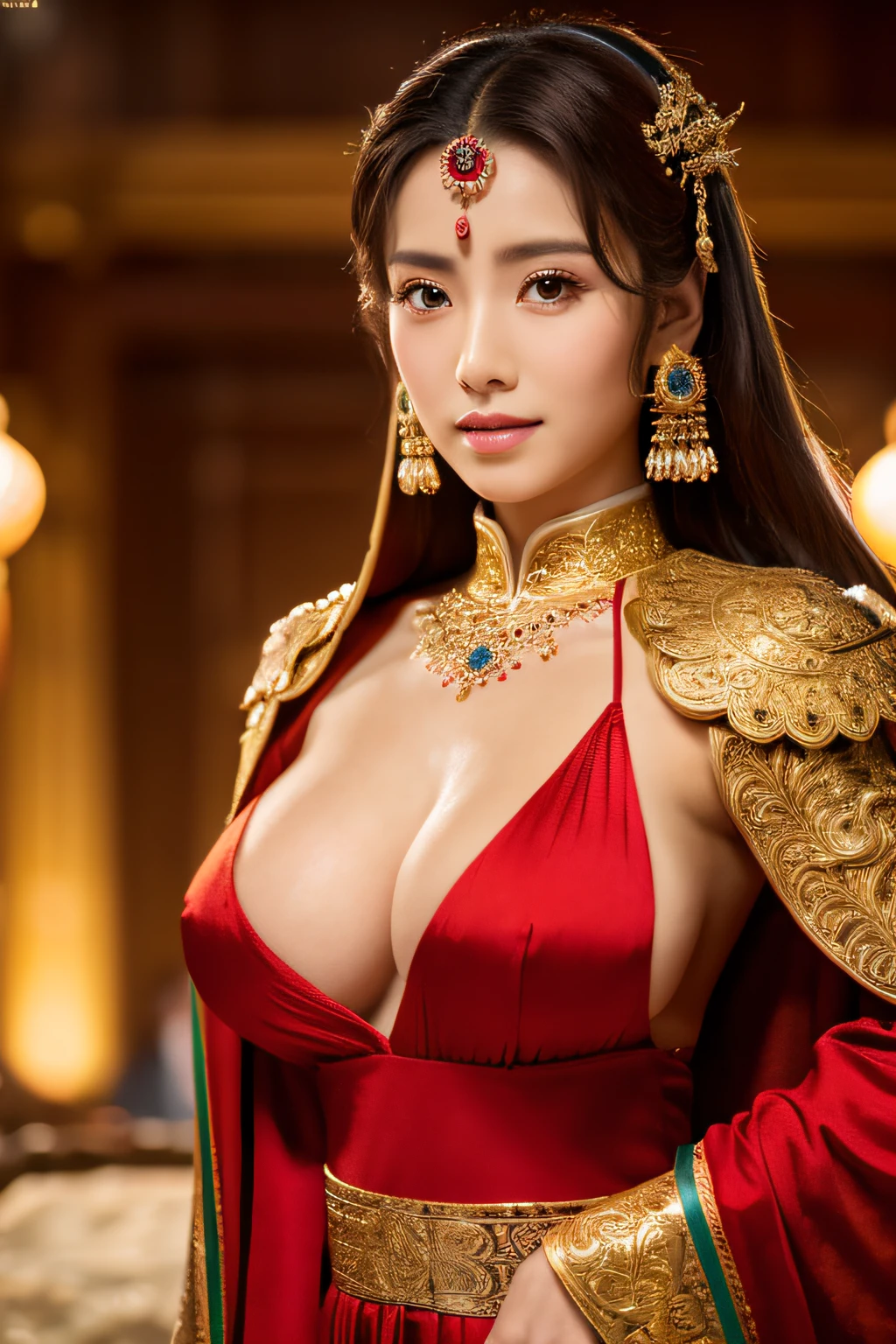 (top-quality,8K,​masterpiece),A woman in Arafa in a red and gold outfit is posing for the photo, Goddess Body Shot, intricate body, a beautiful fantasy empress, full-body xianxia, Chic,  goddess of Japan, full body Esbian, Photorealistic perfect body, masterfully , wlop glossy skin,very very gigantic boobs,Emphasis on the tanma on the chest