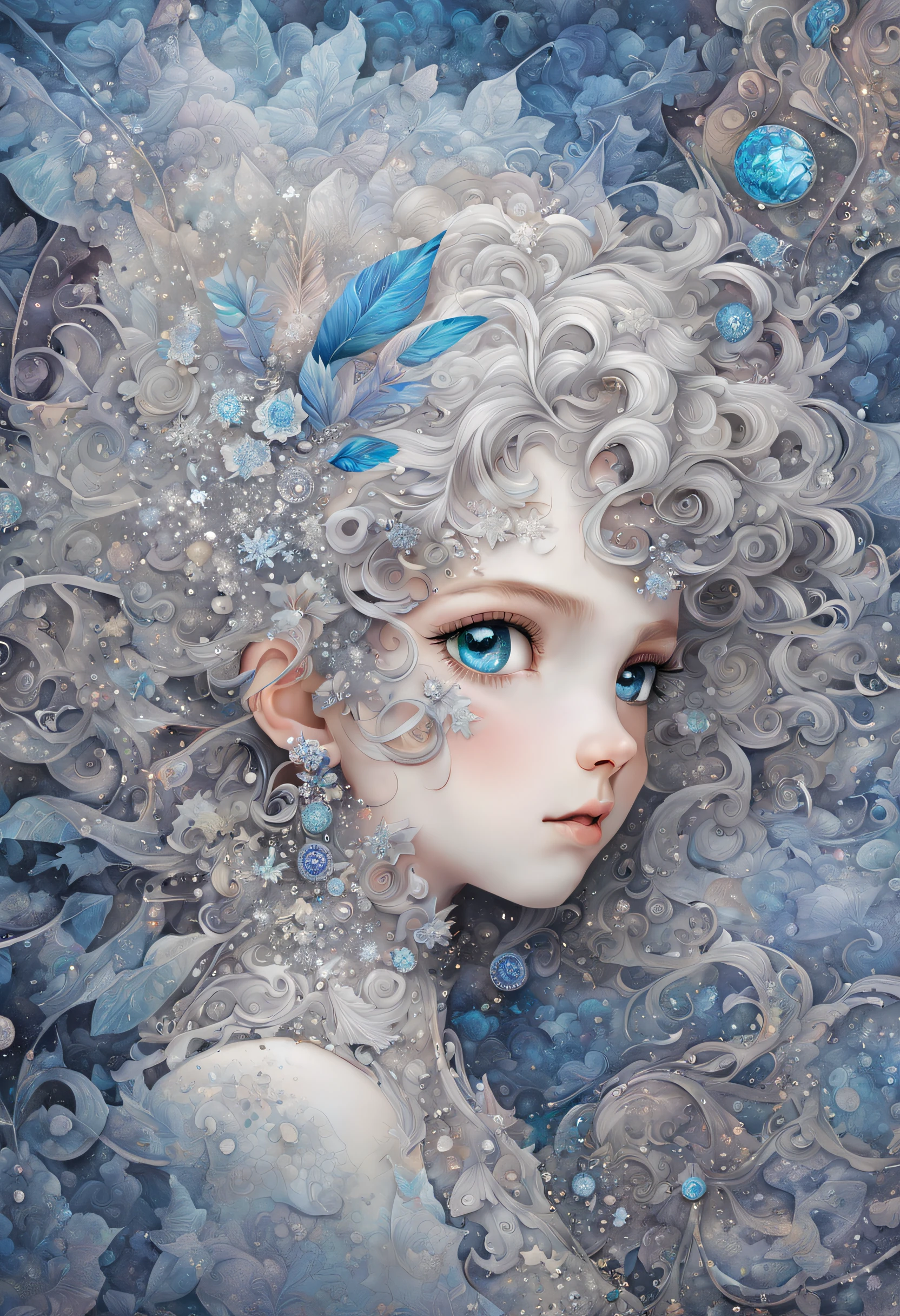 (1 girl with beautiful face、10yaers old、独奏、From Side)、Silver hair、Blue eyes、tre anatomically correct、ighly detailed、(Abstract background、Zentangle、Fractal Art:1.2)、(Winter theme、colourfull:1.1)、(pluma、Diamond Dust:1.3)、dynamicposes、耳Nipple Ring