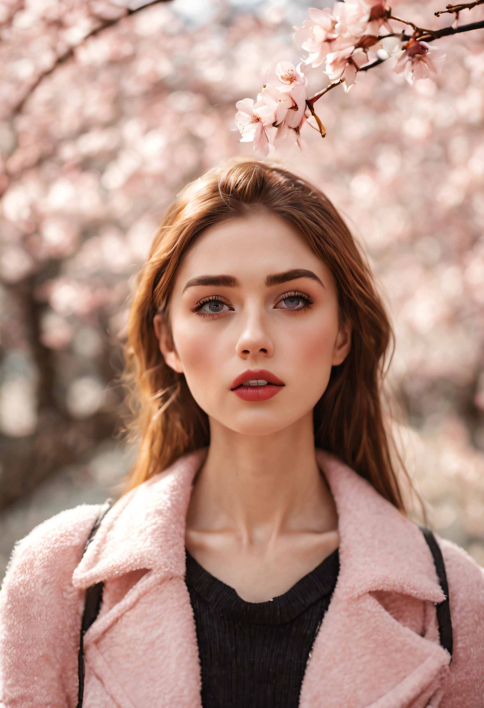 (best quality,4k,8k,highres,masterpiece:1.2),ultra-detailed,(realistic,photorealistic,photo-realistic:1.37),professional photography,portrait,beautiful detailed eyes,beautiful detailed lips,gorgeous young woman,dressed in trendy clothes,street photography,cityscape background,cherry blossom tree,blooming pink flowers,soft sunlight,subtle bokeh,vivid colors,youthful aesthetic,aesthetic photography