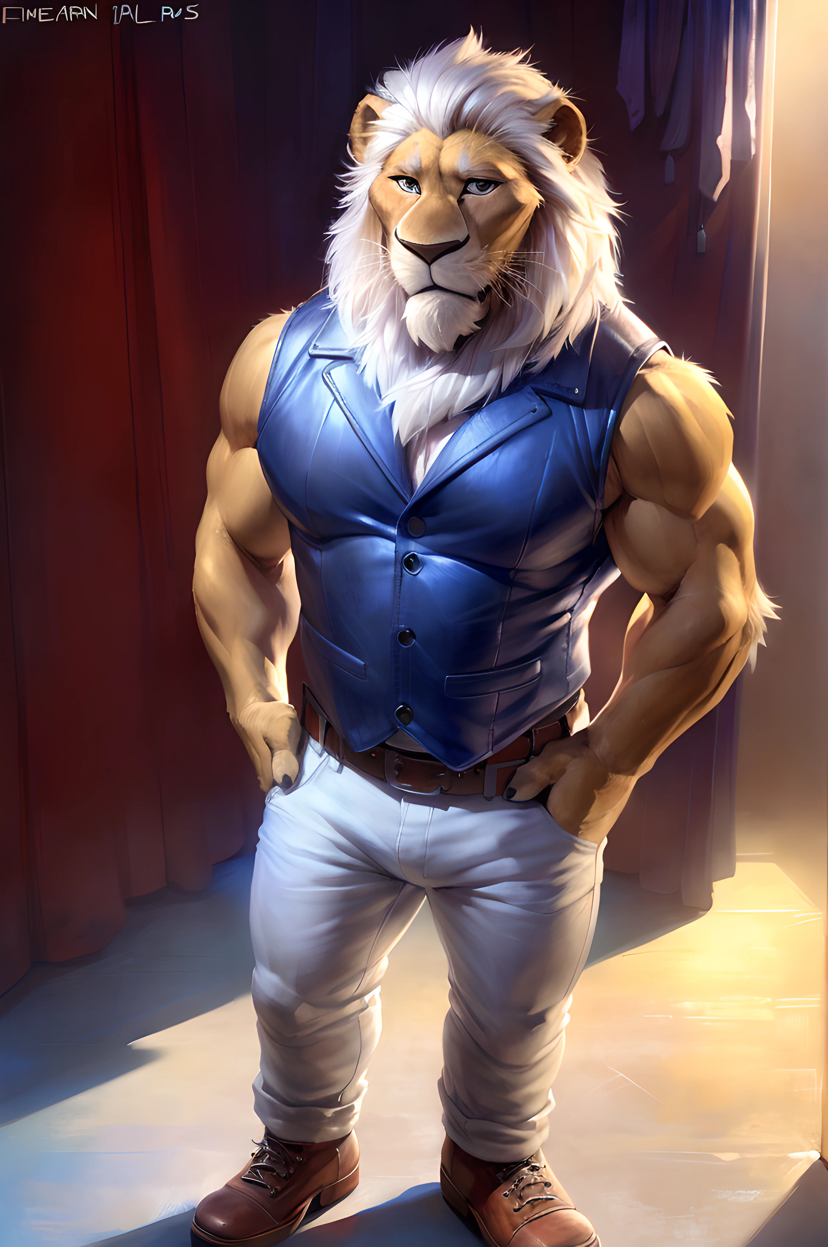 clay_calloway_(sing), (backstage background), (black vest, pale pants, belt:1.2), very muscular, (heavyweight:1.1), sexy, older male, male, white mane, masculine, lion, smile, detailed eyes, (by cheetahpaws, by darkgem, by wfa, by taran fiddler), perfect colors, perfect shadows, detailed, flirting, looking at camera, 3d render, pixar, (full body, old-fashioned shoes:1.2)