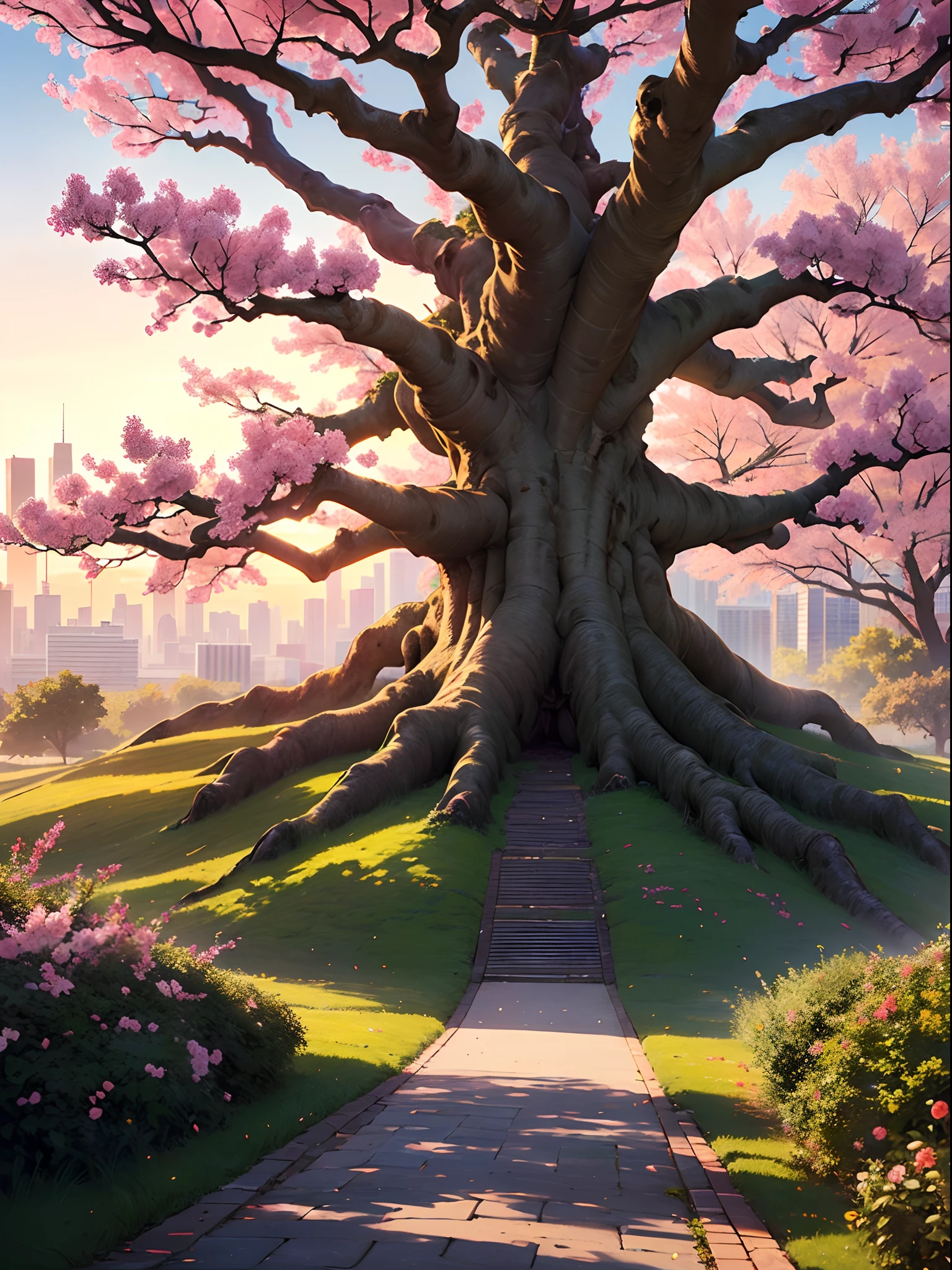 (masterpiece, best quality, hires, ultra-detailed, realistic:1.3), scenery, (giant tree:1.8), cherry blossom, brick road, (very wide shot:1.5), city, landscape, sunset