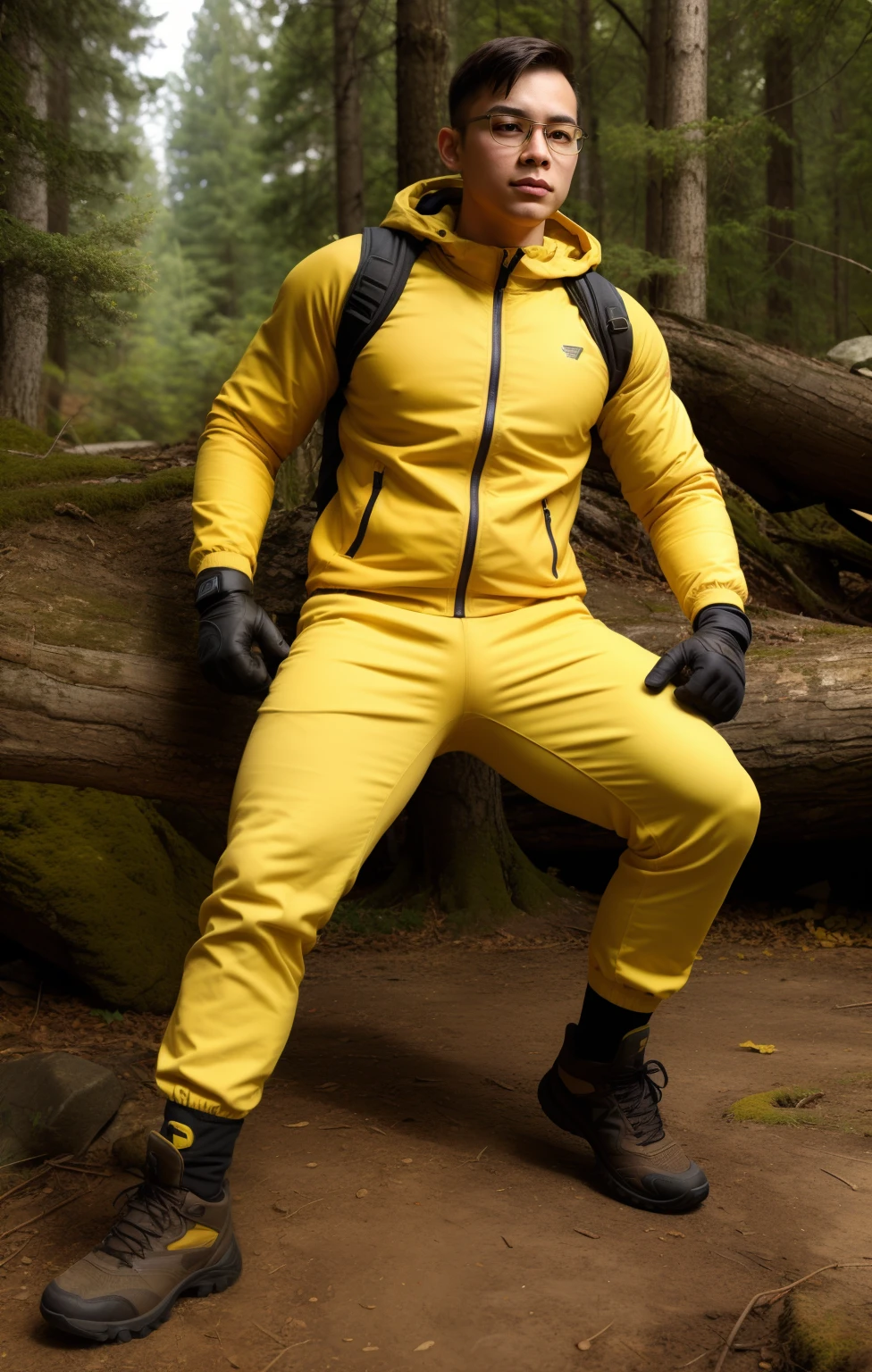 1man, realistic, high detailed, low angle shot, full body, 24 years old, neat body muscle, eyeglasses, cold, yellow pants, bulge, hiking jacket, gloves, nature woods background