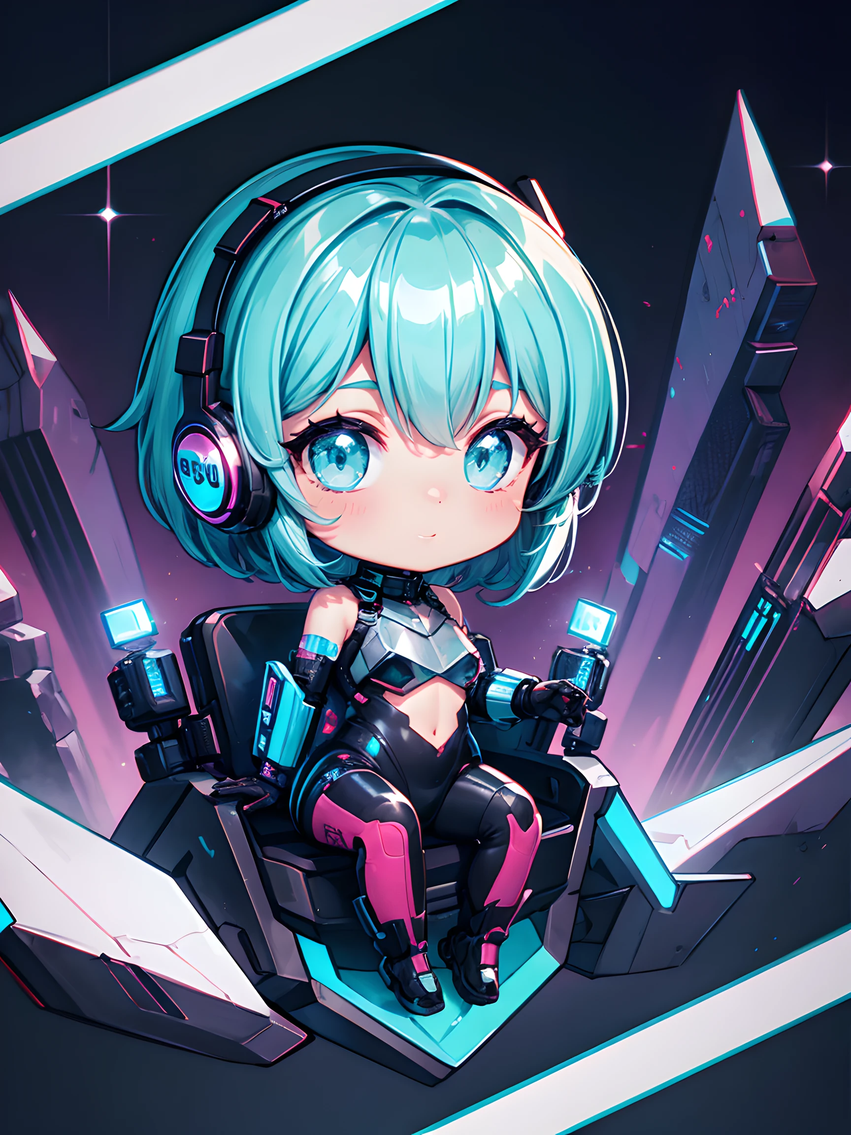 1girl in, android, Cyberpunk, Cyan hair, cyan eyes, Short hair, White breastplate, Black headphones, Mechanical black glossy metallic Bodysuit, Bare shoulders, Glossy, shiny material,chibi emote, chibi character, cyberpunk city,