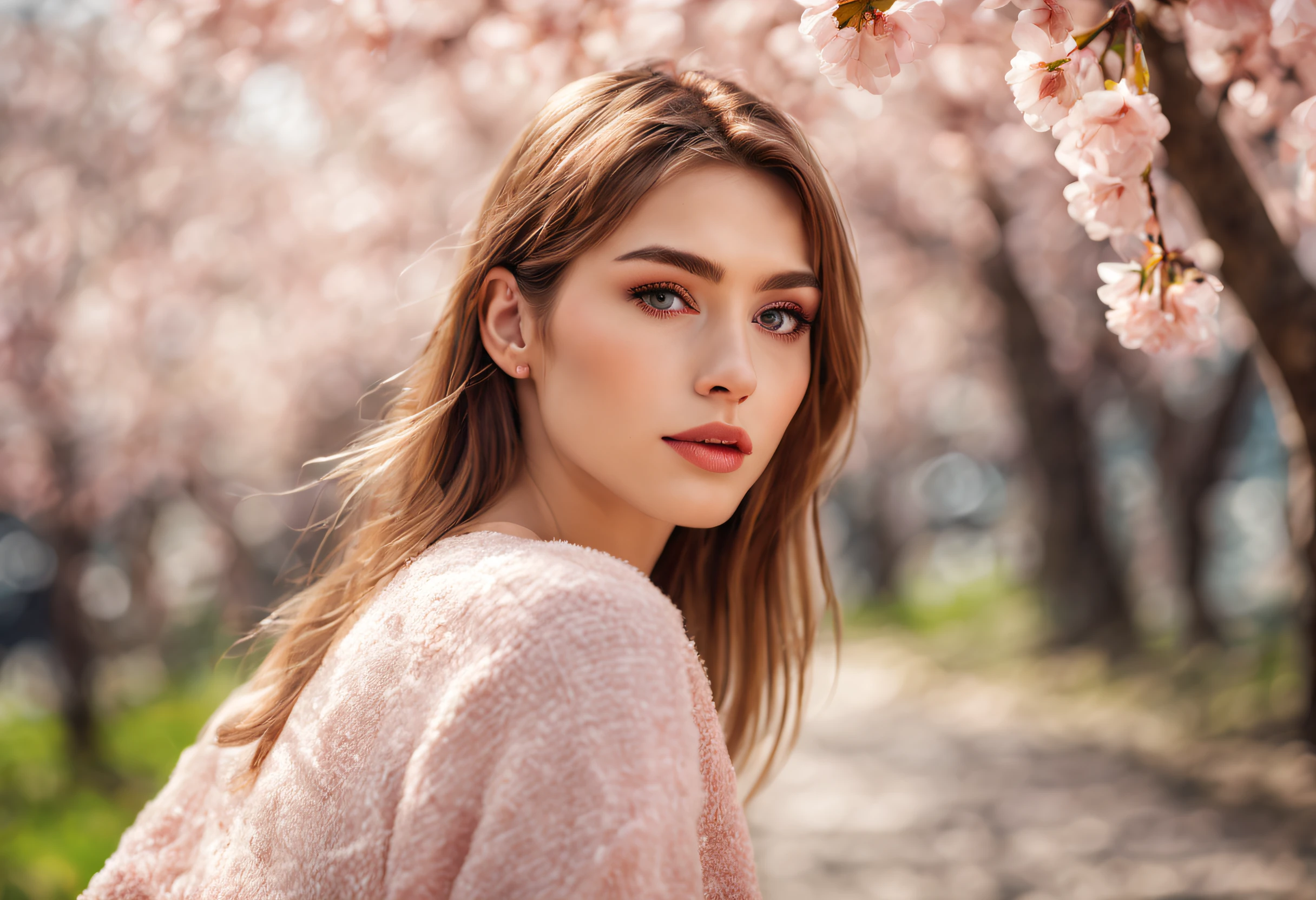 (best quality,4k,8k,highres,masterpiece:1.2),ultra-detailed,(realistic,photorealistic,photo-realistic:1.37),professional photography,portrait,beautiful detailed eyes,beautiful detailed lips,gorgeous young woman,dressed in trendy clothes,street photography,cityscape background,cherry blossom tree,blooming pink flowers,soft sunlight,subtle bokeh,vivid colors,youthful aesthetic,aesthetic photography