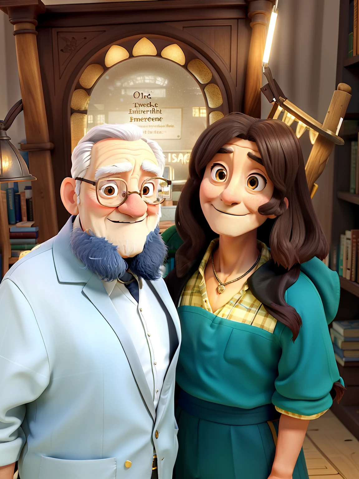 A wise old man standing in front, illuminated by the light of a lamp, against the backdrop of a library