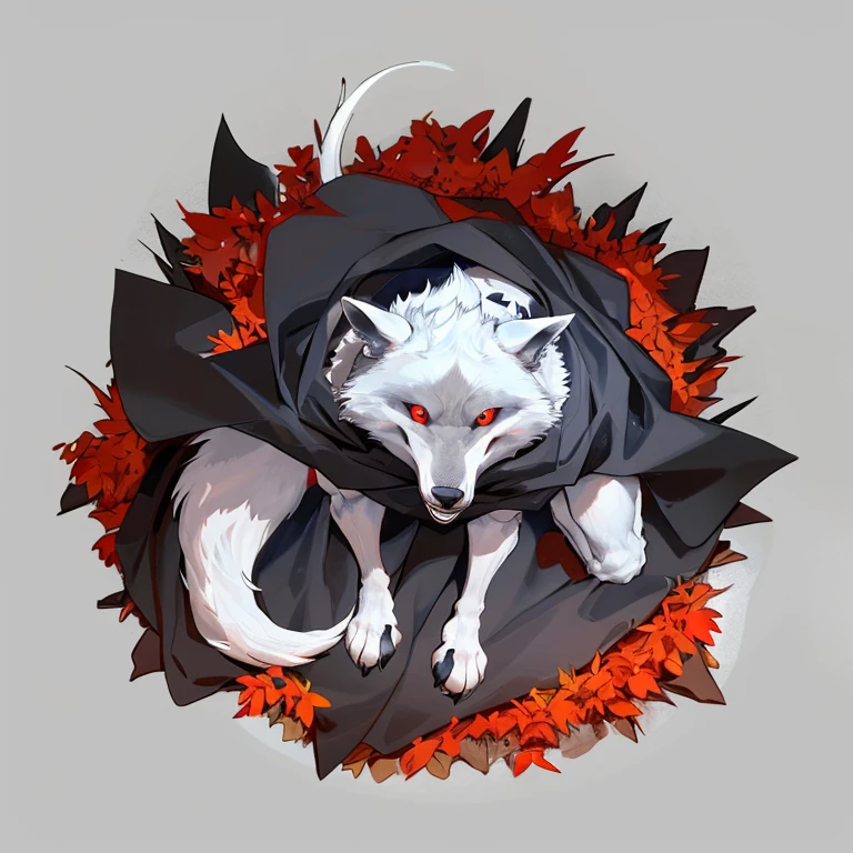 (The ultimate wolf of death) Best quality, 超高分辨率,1 Furry boy， Solo，Detailed eyes, voluminetric lighting, Amazing, finedetail, Cowboy shot, Cloak , White fur, Red eyes, White sclera, Bright pupils, Bright atmosphere, Muscular, Upper body, From below，kneels on the ground，Top angle of view，(close-up), (from above),