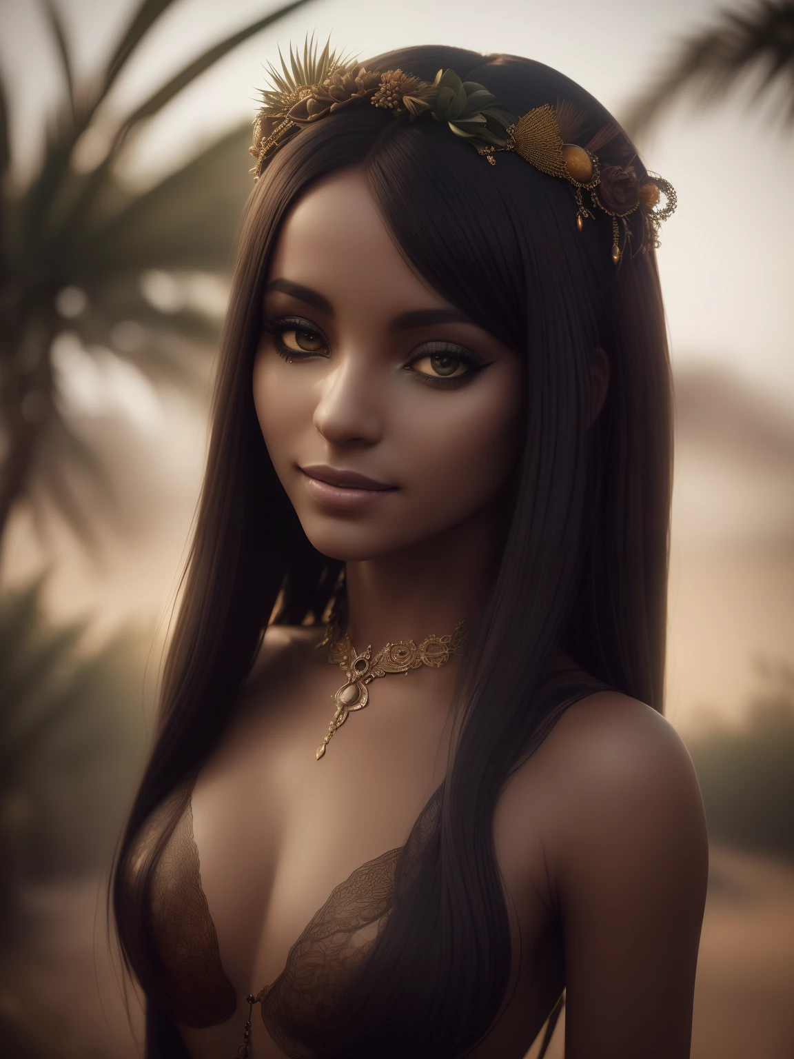 (full length frame), Naked, (elegant, Beautiful face), (Gothic makeup:0.8), Ketchup is all over the woman's body, (Cheeky smile), African desert oasis, African girl sitting in an oasis, Magical atmosphere, Gothic makeup, Heavy fog, (Detailed skin, Skin texture), (intricately details, Fine details, ultra - detailed), 
(Cougar on background, Barbana palm trees),
Ray traching, Subsurface scattering, (A fantasy underworld trip in the background), diffused soft lighting, Shallow depth of field, author：Oliver Waite, Sharp focus bokeh, (Photo quality:1.4)