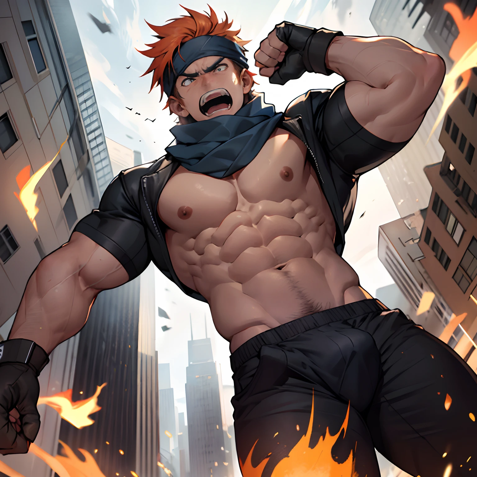 1boy, headband, jacket, scarf, gloves, pants, flexing, angry, open mouth, screaming, (punching:1.1), metropolis, day, spotlight, hard light, from below, foreshortening, solo, focus, extremely muscular masculine character, flame hair, huge bulge, 8 pack abs, erotic,giant,