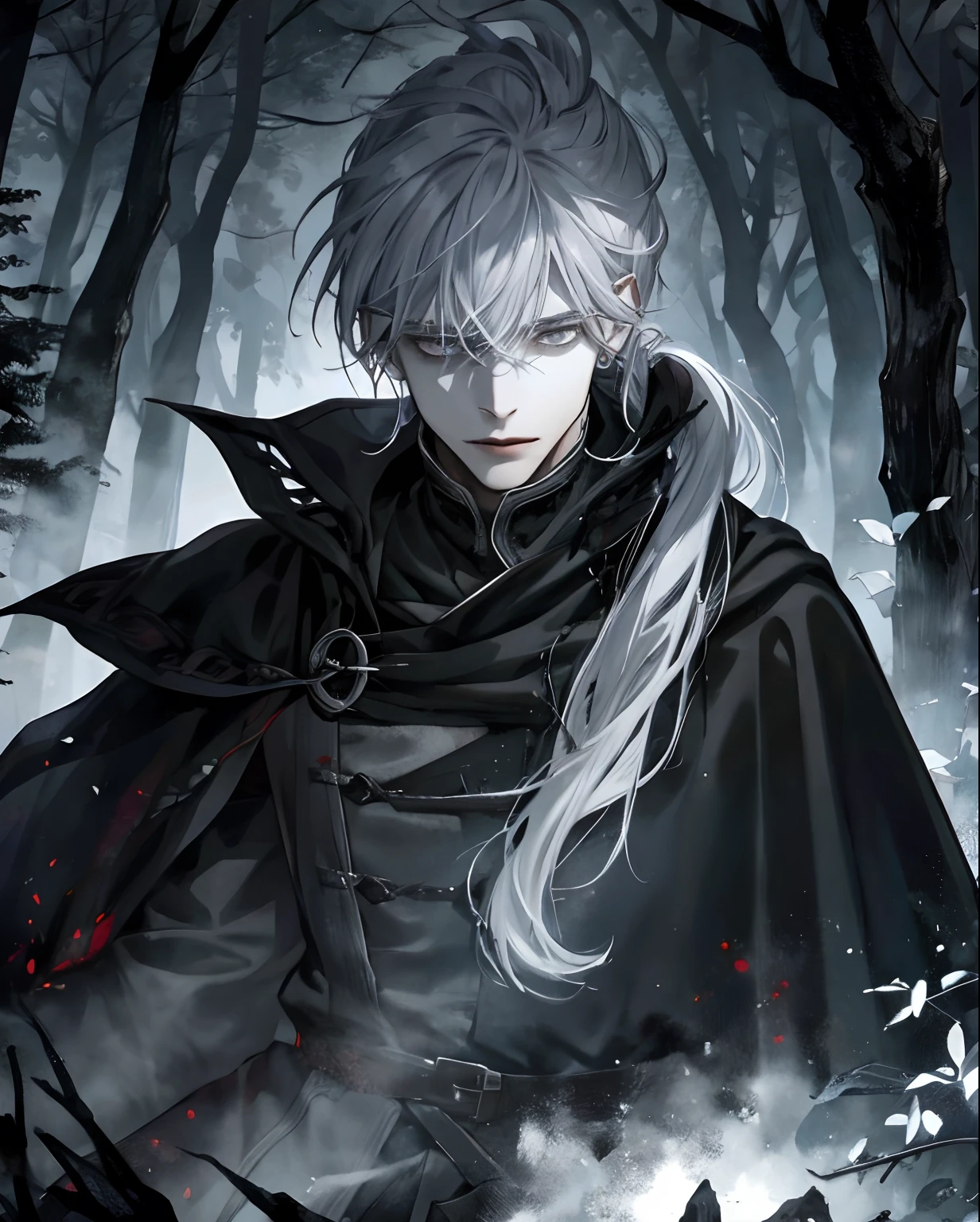 1male, beautiful, silver hair with low ponytail, dark grey eyes, detailed eyes, black cloak, dark sorcerer, rogue mage, alone in a dark forest, depressed, medieval fantasy, bleeding, blood magic, calm