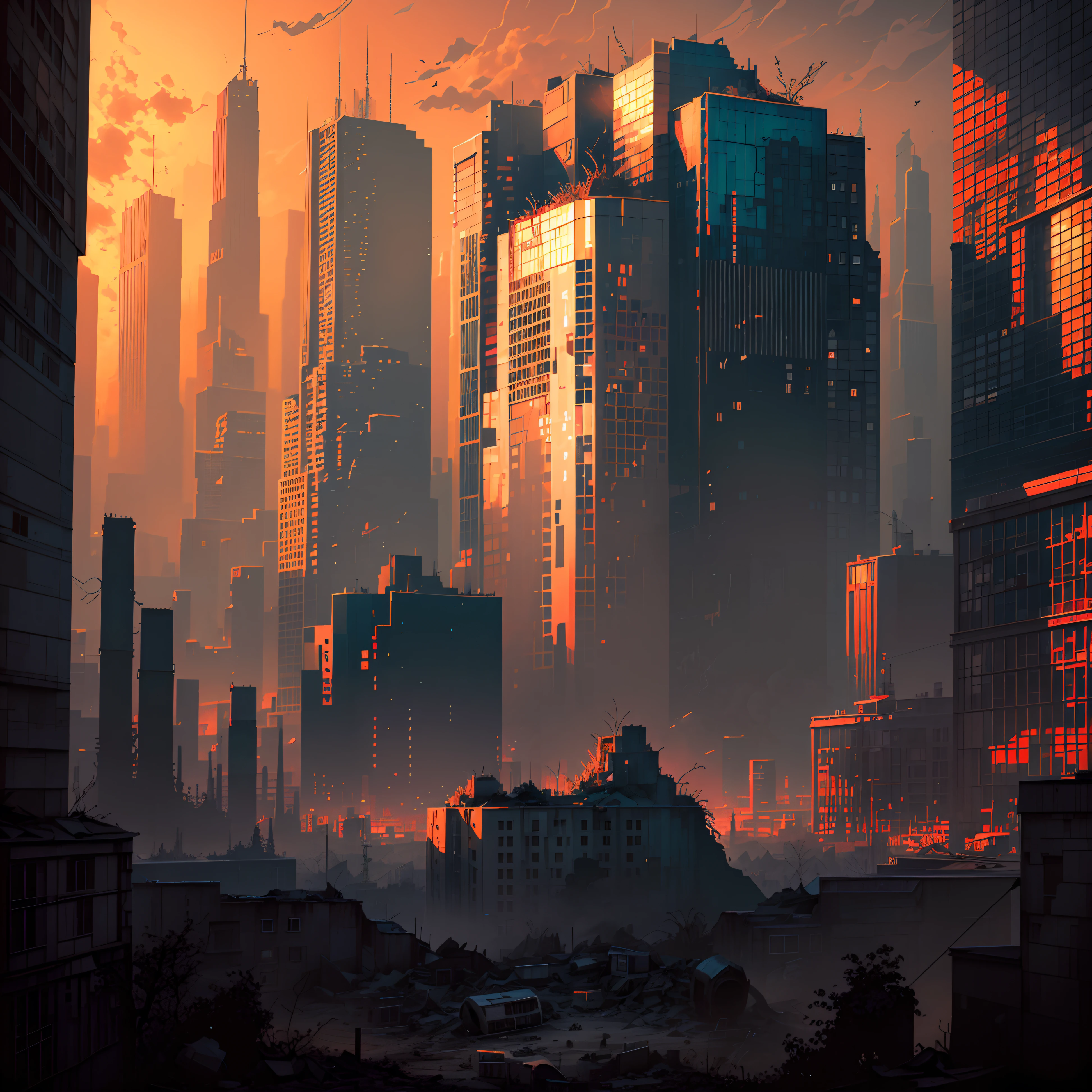 In a post-apocalyptic metropolis, the remnants of a giant city lay in ruins, resembling a pixelated game style. The view is captured through the perspective of a drone, providing a unique fisheye lens effect. The atmosphere is infused with nostalgic cyberpunk vibes, as dilapidated cars and buildings are intertwined with each other in a mesmerizing display. The city is bathed in the radiance of neon lights, casting an eerie glow on the floating dust particles that fill the air. Among the desolation, nature persists, with plants slowly reclaiming the urban landscape with their persistent growth. The scene is a captivating blend of the futuristic and the decayed, creating a surreal world where the remnants of the past merge with the possibilities of a new future.