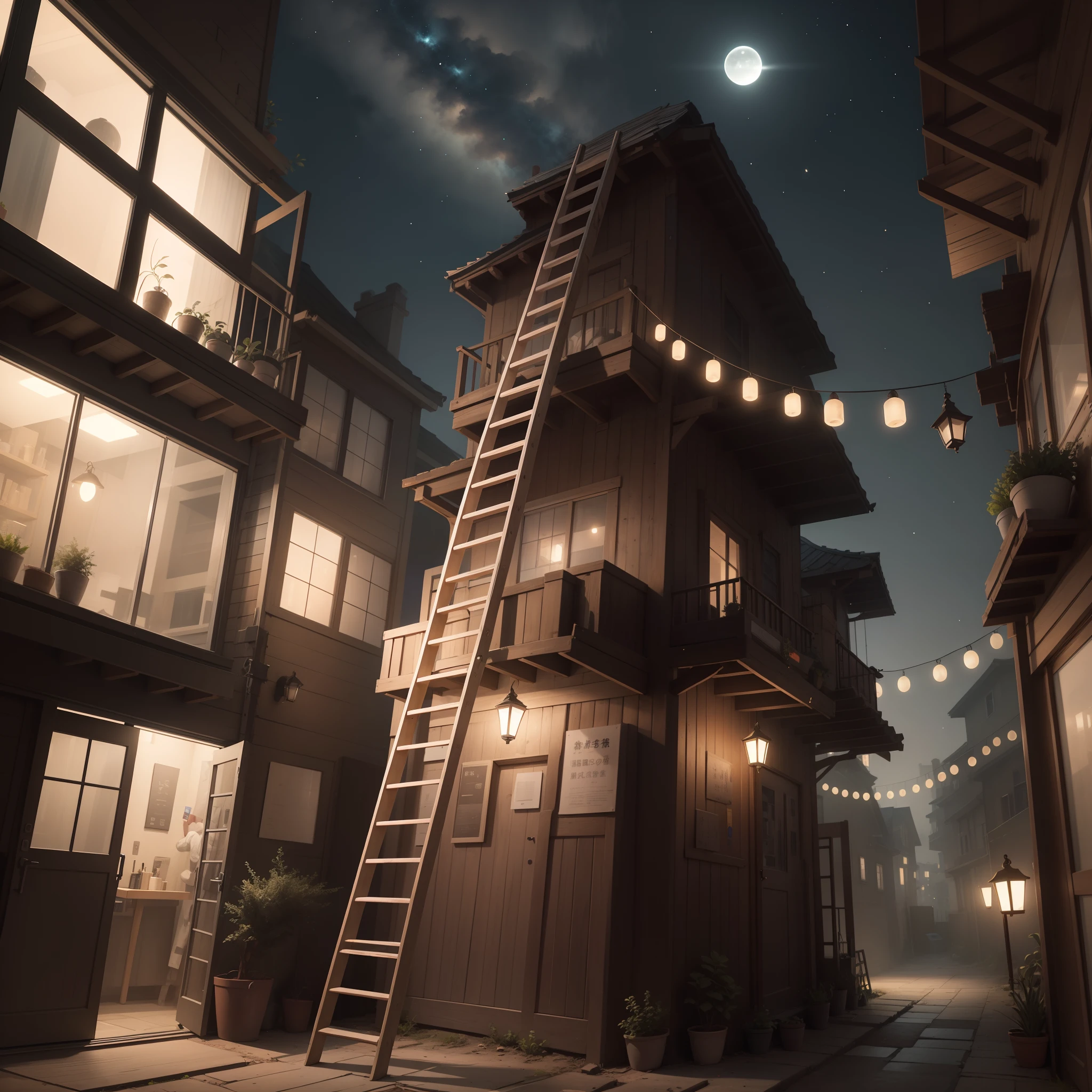 At night, a person holding a ladder wants to climb to the sky，WeChat avatar with a sense of meaning