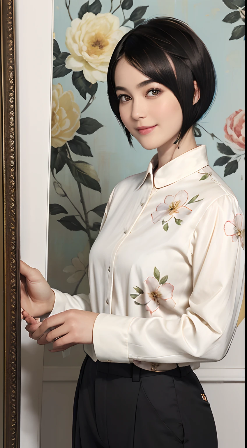 93
(a 20 yo woman,is standing), (A hyper-realistic), (masutepiece), ((short-hair:1.46)), (Smooth black hair), wear long pants, (Wearing a long-sleeved shirt with a floral print), (painterly、picture frame), (Gentle smile), (Keep your mouth shut)