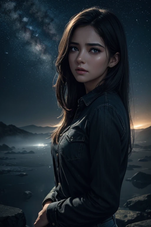 (best quality,4k,8k,highres,masterpiece:1.2),ultra-detailed,(realistic,photorealistic,photo-realistic:1.37),young adult female,beautiful detailed eyes,beautiful detailed, trembling lips; intense eye contact with viewer; looking deep into viewer's eyes,extremely detailed face; pained expression;long eyelashes,feeling remorseful,crying her heart out; spoilt make-up; flowing tears,wanting to amend things,feeling desperate and desolate,gentle hand gesture,star-studded night sky background,emotional and sad painting style,vivid colors,dramatic lighting,cold color tone,misty atmosphere; wearing a black shirt and blue jeans