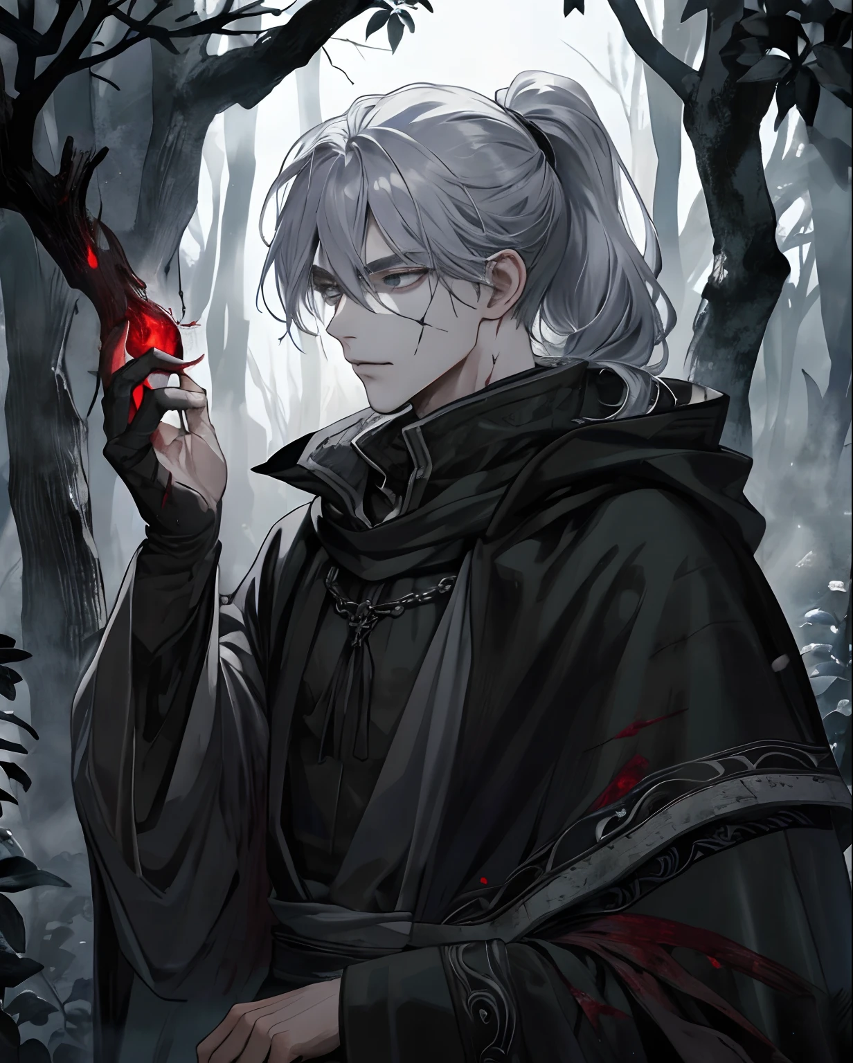 1male, beautiful, silver hair with low ponytail, dark grey eyes, detailed eyes, black cloak, dark sorcerer, rogue mage, alone in a dark forest, depressed, calm, medieval fantasy, bleeding, blood magic