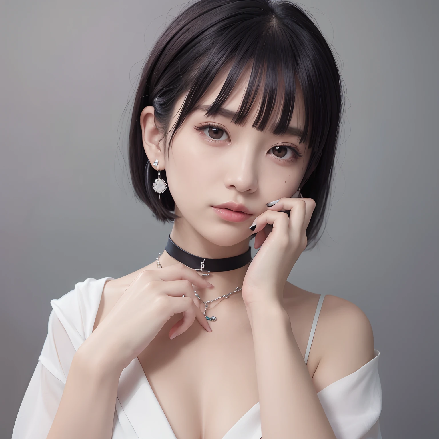 Pilyeon, Solo, 1girl in, Black nails, Jewelry, Short hair, Looking at Viewer, Choker, Necklace, hand on own face, Piercing, White background, heart mark, Closed mouth, grey eyes, nail polish, Simple background, Grey Hair, ear piercings, Black Choker, Smile, Eyelashes, Lips, hands on own cheeks, Bangs, Bracelet, bead, Pedras preciosas, earrings, Fingernails