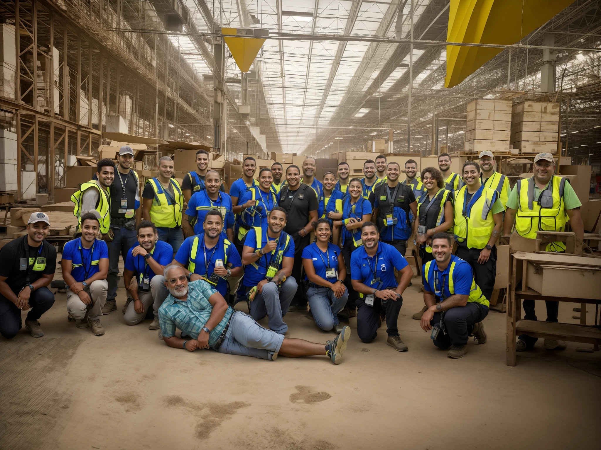 Group of people in safety vests posing for a photo, foto de grupo, Postagem no Reddit, todo mundo se divertindo, EUA-Set 20, facebook post, cool looking, foto de perfil, divertindo-se, tirado no iphone 14 pro, trending ，, in a factory, eye level shot, tirado no iphone 1 3 pro, foto de tiro largo