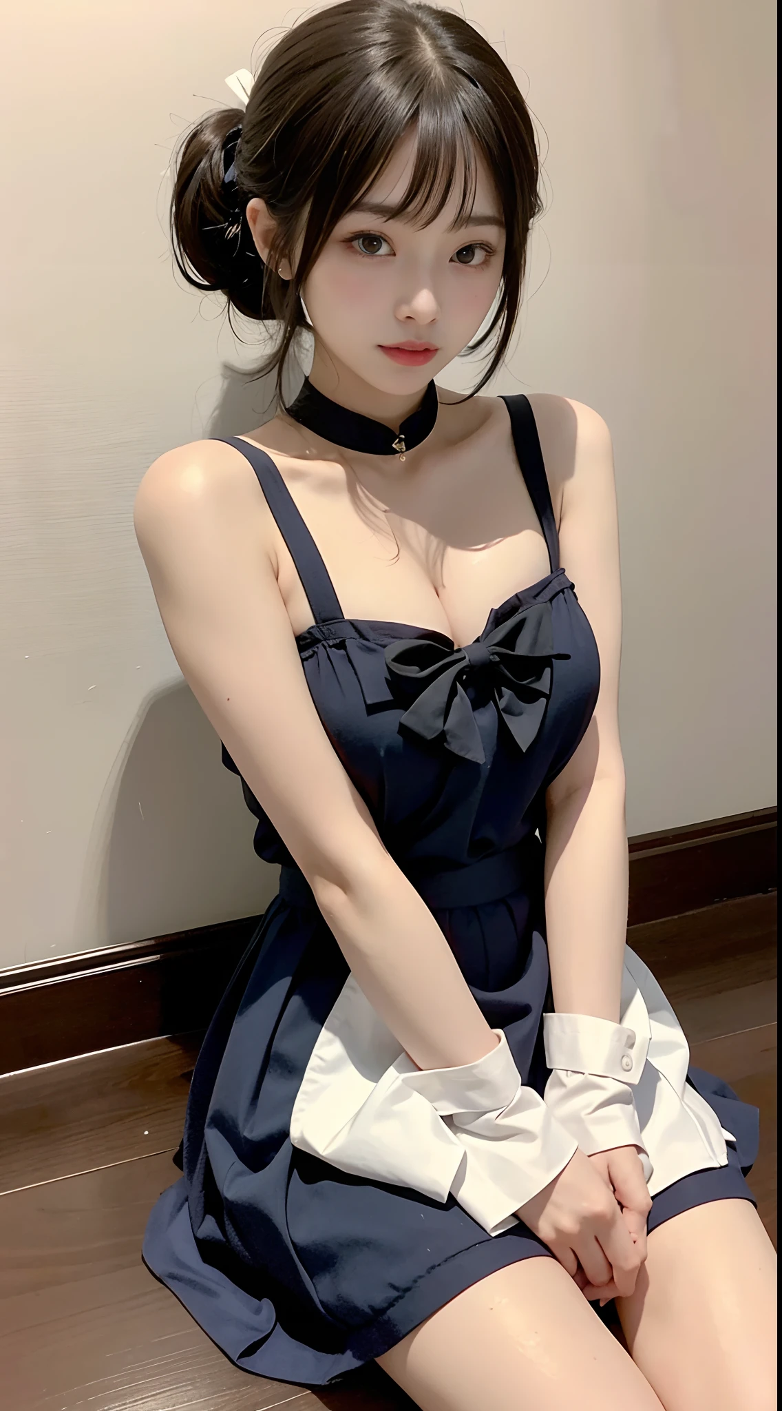 Female, Black dress, Deep V-neckline, fitted waist design, floor-length skirt, arms covered with black gauze, simple bun hairstyle, Bright eyes, rose-colored lipstick, Diamond earrings, elegant and confident posture, important occasion, high-end dinner or formal event, eyes full of confidence and power