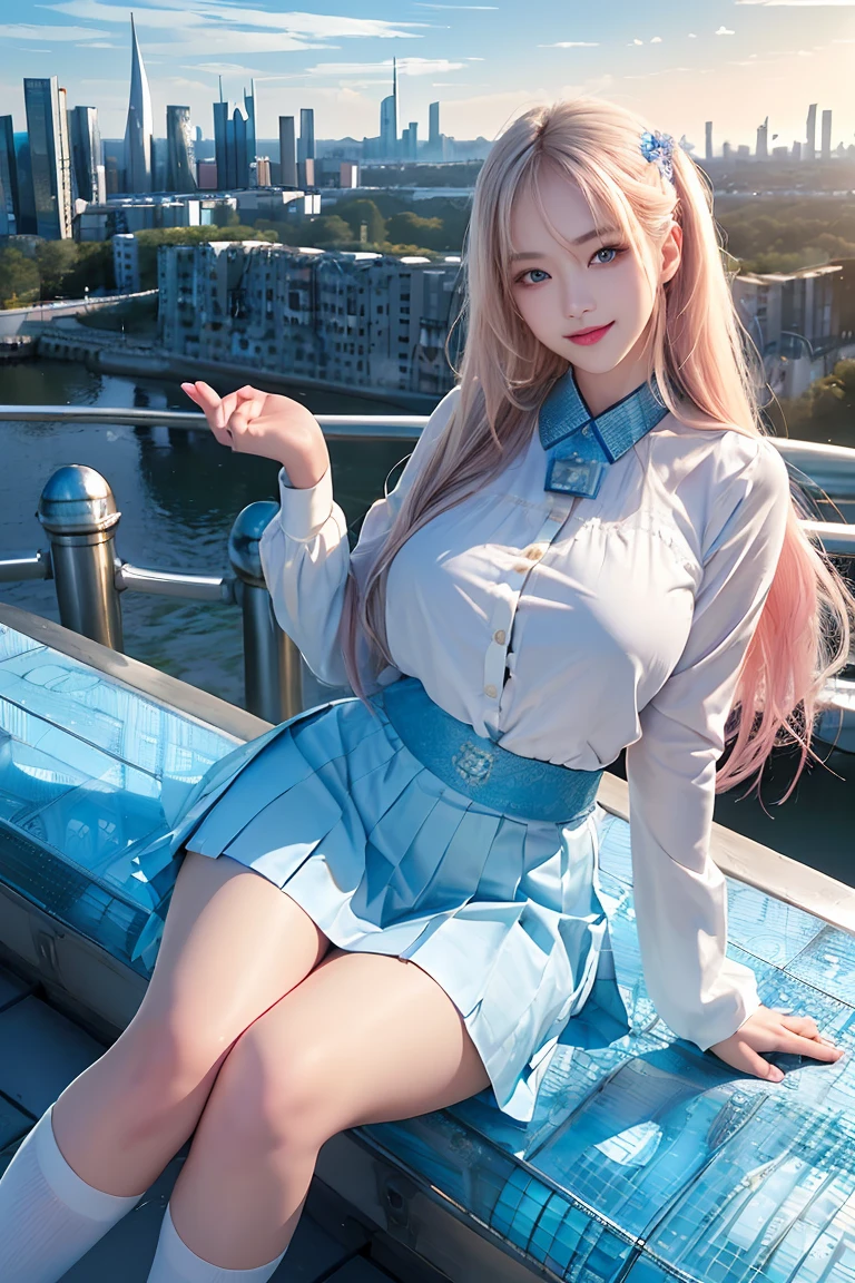 official art, masterpiece, sharp focus, (beautiful gorgeous cute Korean woman:1.3), (beautiful cute korean:1.3), korean beauty, Delicate and beautiful hair and eyes and face, realistic, ultra detailed, beautiful girl, blue sky, glow white particle, (sidelighting:1.2), sun light, white cloud, detailed clouds, slender, Lovely very large breasts and very large hips, smile with teeth, ((smile with eyes, open both eyes)), scenery, long straight hair, sexy facial expression, building, (cityscape:1.7), dynamic hair, long straight hair, detailed platinum pink hair, glow blue eyes, (blue pleated shirts + white skirt), white long socks, pale skin, hair ornament, epic scenery,