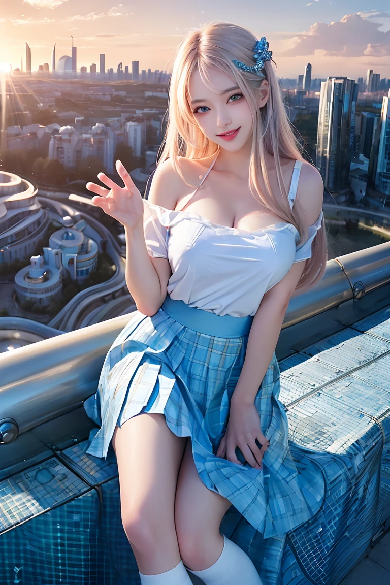 official art, masterpiece, sharp focus, (beautiful gorgeous cute Korean woman:1.3), (beautiful cute korean:1.3), korean beauty, Delicate and beautiful hair and eyes and face, realistic, ultra detailed, beautiful girl, blue sky, glow white particle, (sidelighting:1.2), sun light, white cloud, detailed clouds, slender, Lovely very large breasts and very large hips, smile with teeth, ((smile with eyes, open both eyes)), scenery, long straight hair, sexy facial expression, building, (cityscape:1.7), dynamic hair, long straight hair, detailed platinum pink hair, glow blue eyes, (blue pleated shirts + white skirt), white long socks, pale skin, hair ornament, epic scenery,