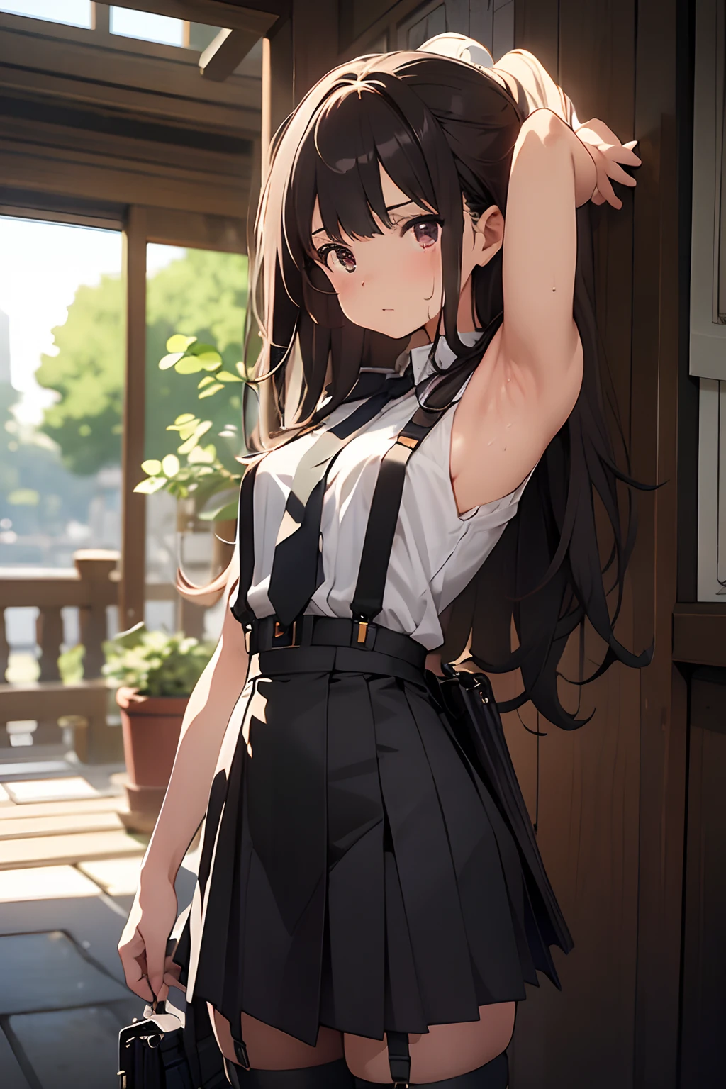 ​masterpiece、flat-colors、depth of fields、lens flare 1 girl、、Brown hair、watching at viewers　　　black suspenders　　　large full breasts　　　 　 Armpit sweat　perspiring　Side of both hands　　walls: 　Black miniskirt　garters　　　　　　Gaze　　　Small face　Bangs Upper Eyes　flank　　　　holster　　Belt Armament　Beautuful Women　srestrained　Hands behind your back　bet