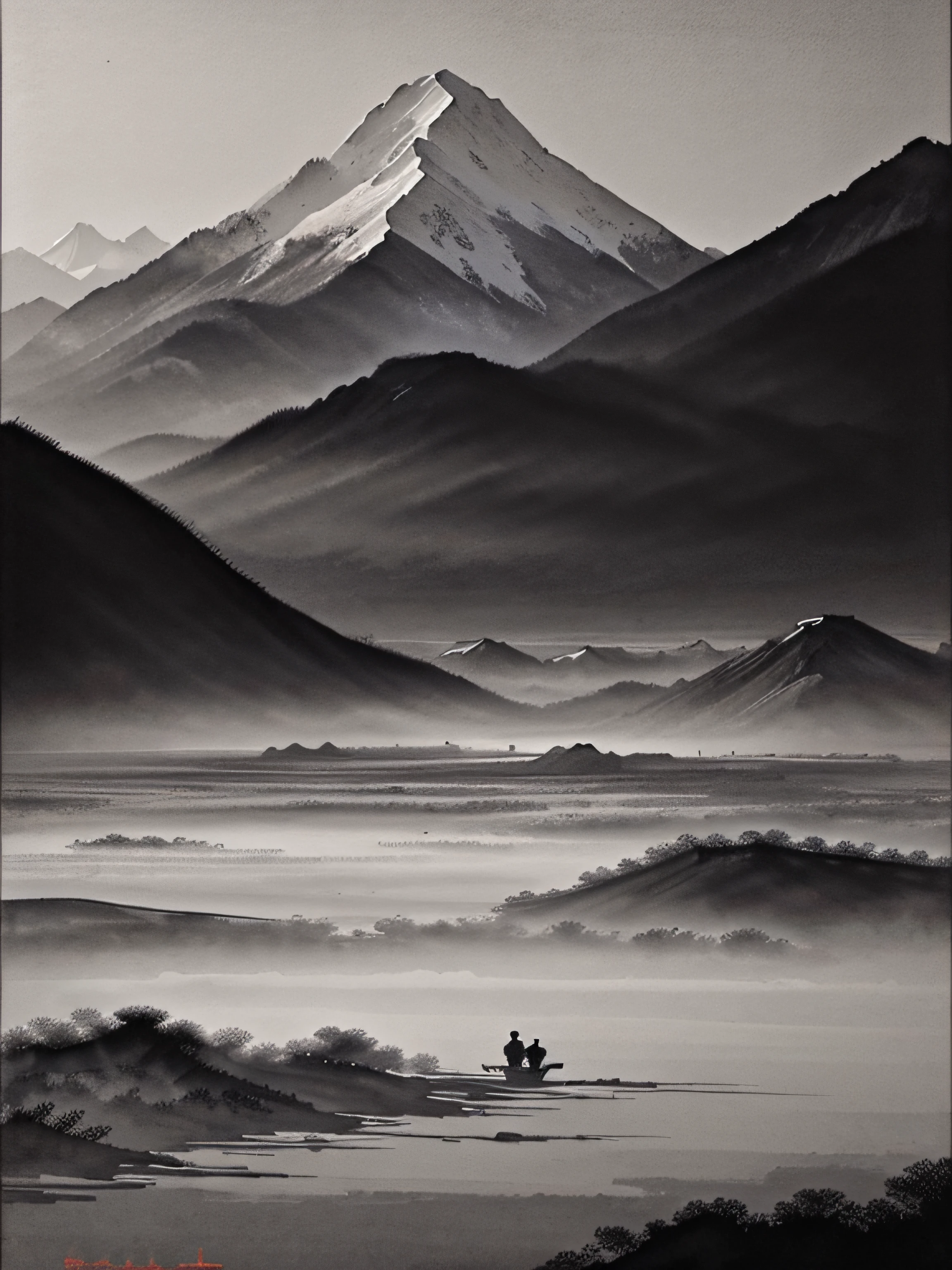 Chinese painting;ink and watercolor painting;Meticulous;Freehand painting;Gobi;mountain ranges;Tang dynasty style;black andwhite;People on a trip;Ancient Style;impressionistic;There is no emphasis on light and shade and perspective;