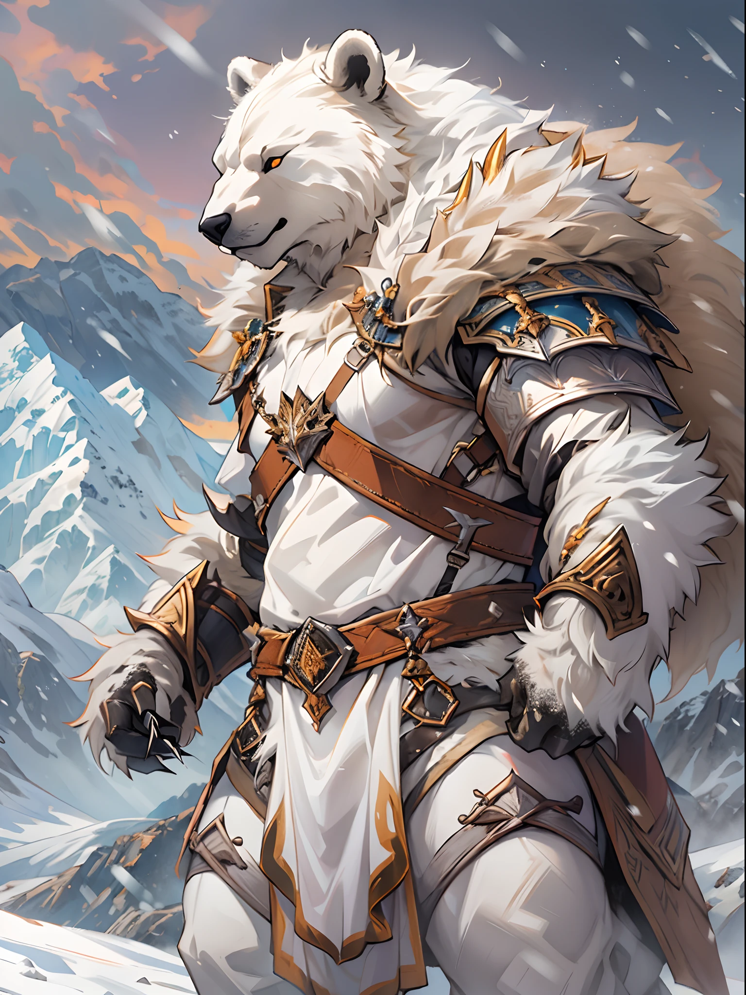 foreground（White Bear Warrior，Armor and fur，Claws，Stout body，Look at the mountains in the distance）Background with（There are snow-capped peaks in the distance）