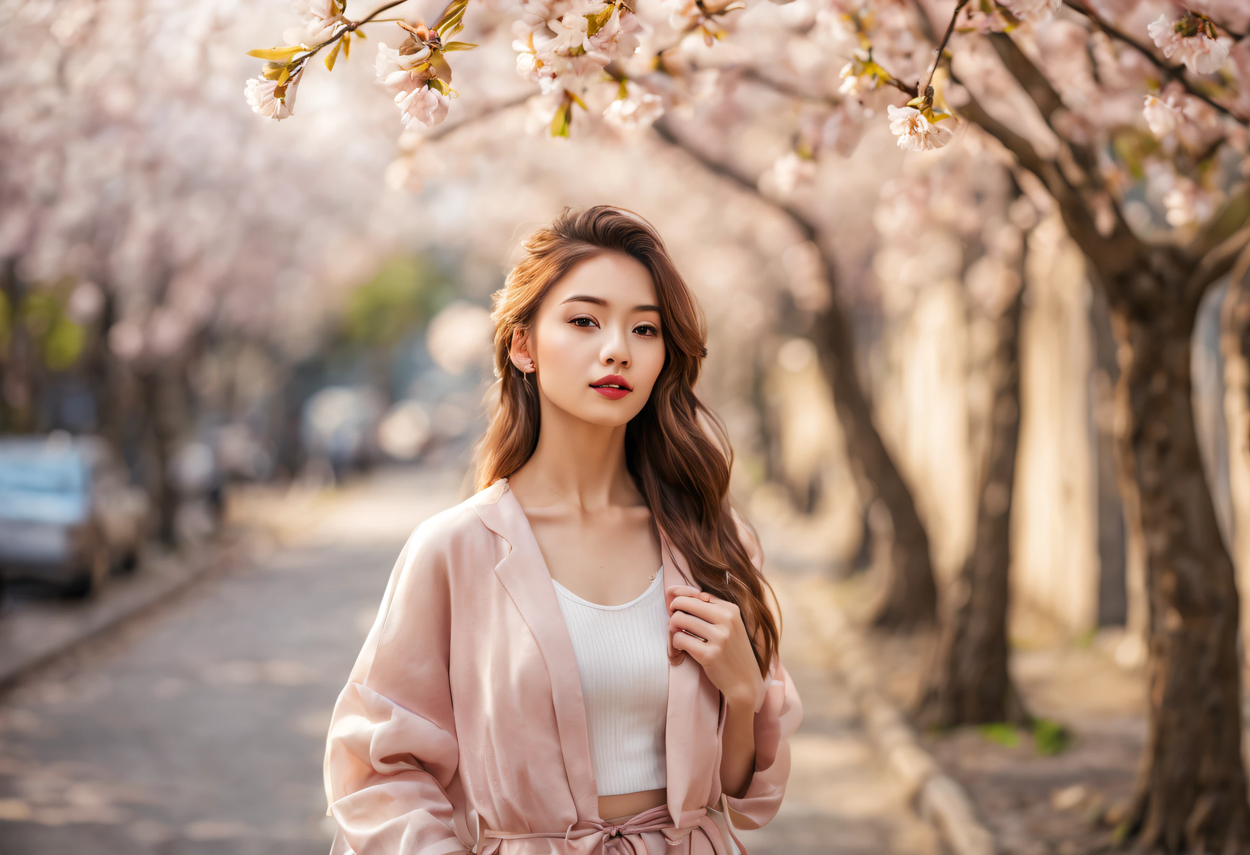 (best quality,4k,8k,highres,masterpiece:1.2),ultra-detailed,(realistic,photorealistic,photo-realistic:1.37),professional,portrait,beautiful young woman,cherry blossom tree,city street,soft sunlight,delicate petals,vibrant colors,film grain,fashionable outfit,candid pose,fine art aesthetics,subtle bokeh,serene atmosphere