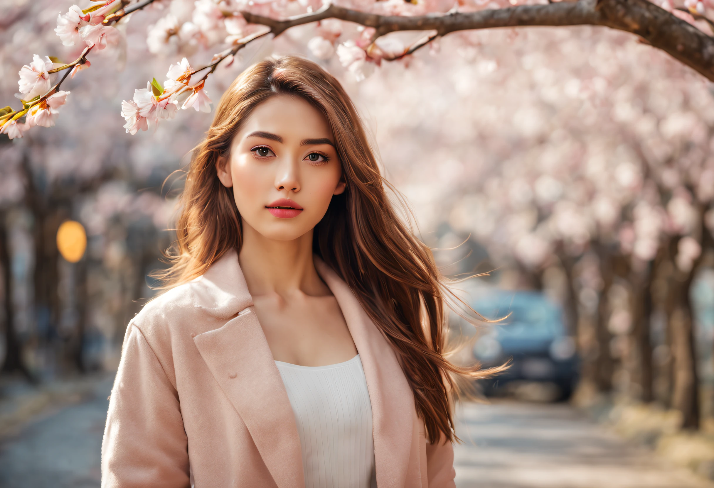 (best quality,4k,8k,highres,masterpiece:1.2),ultra-detailed,(realistic,photorealistic,photo-realistic:1.37),professional,portrait,beautiful young woman,cherry blossom tree,city street,soft sunlight,delicate petals,vibrant colors,film grain,fashionable outfit,candid pose,fine art aesthetics,subtle bokeh,serene atmosphere
