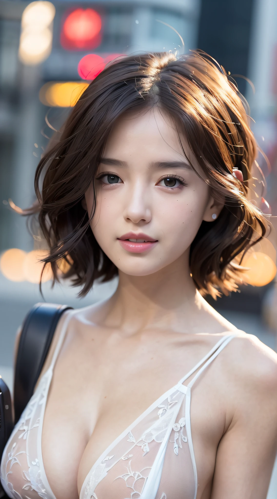 A girl holding a camera, mix4,(8k, RAW photo, best quality, masterpiece:1.2), (realistic, photo-realistic:1.37),1girl,cute,cityscape, night, rain, wet, professional lighting, photon mapping, radiosity, Physically-based rendering, gradient brunette hair, short curly hair, handsome, girly, white ball set, superb picture quality, high resolution, 1080p, (clear face), (detailed face description), (detailed hand description), (masterpiece), (exquisite CG), extreme light and shadow, messy hair, masterpiece, rich detail, (exquisite facial features), (highest image quality), (masterpiece), (detailed eyes), look forward to your eyes, delicate collarbone, (large breasts:1.2), pretty nipple,