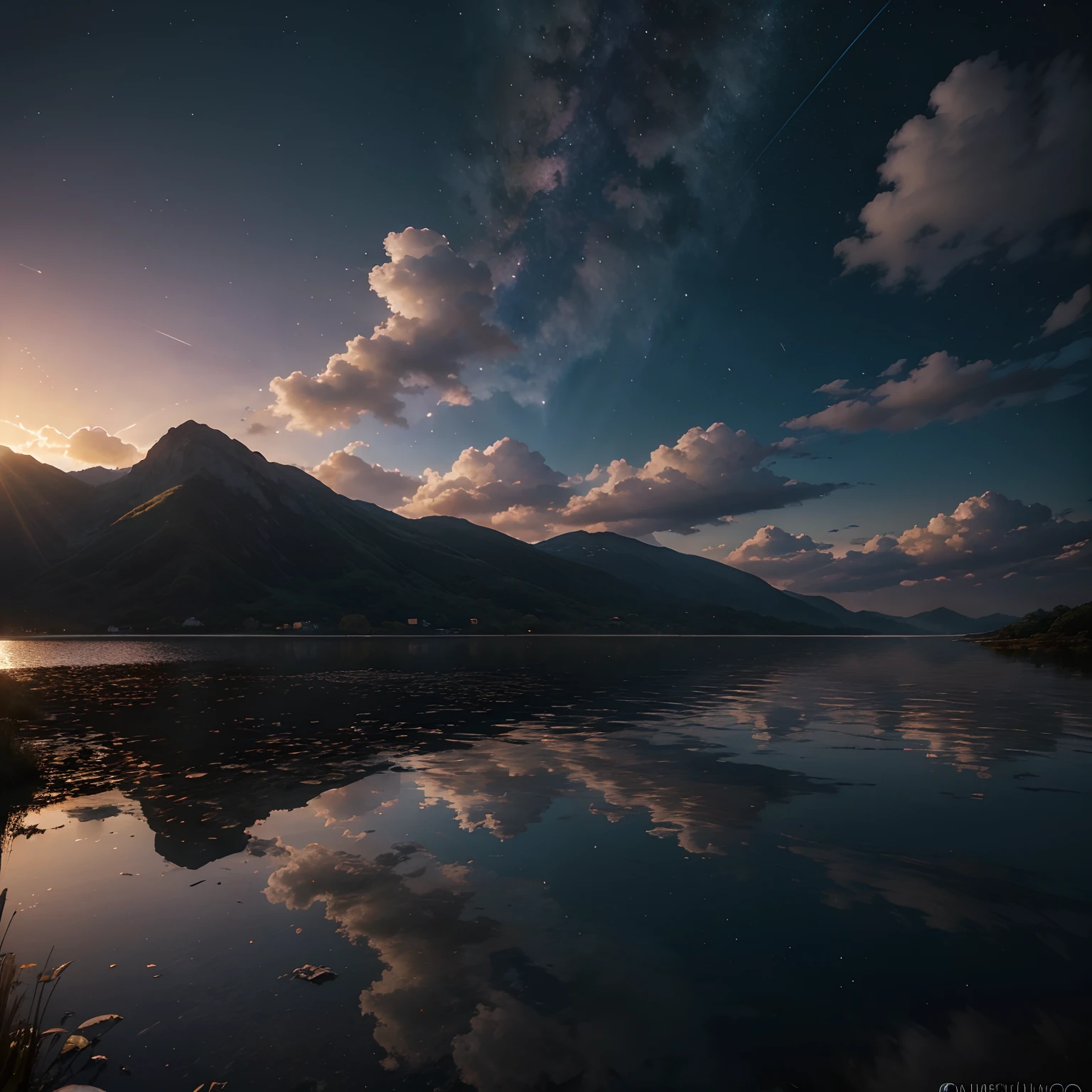 1 girl, olho, fechar para cima, beautiful night sky, chuva de meteoros, Beyond the Clouds, Fenced water, reflexions, anjos largos, breathtaking clouds, wide angle, por makoto shinkai, Thomas Kinkade, Tiago Gilleard, por holosomnialandscape, HDR, Volumetric lighting, ray tracing, Um intrincado, Detalhes altos, Very detailed, deviantart, Papel de parede vertical 4k,, colorido, arejado, anime illustration, anime natureza wallpaper