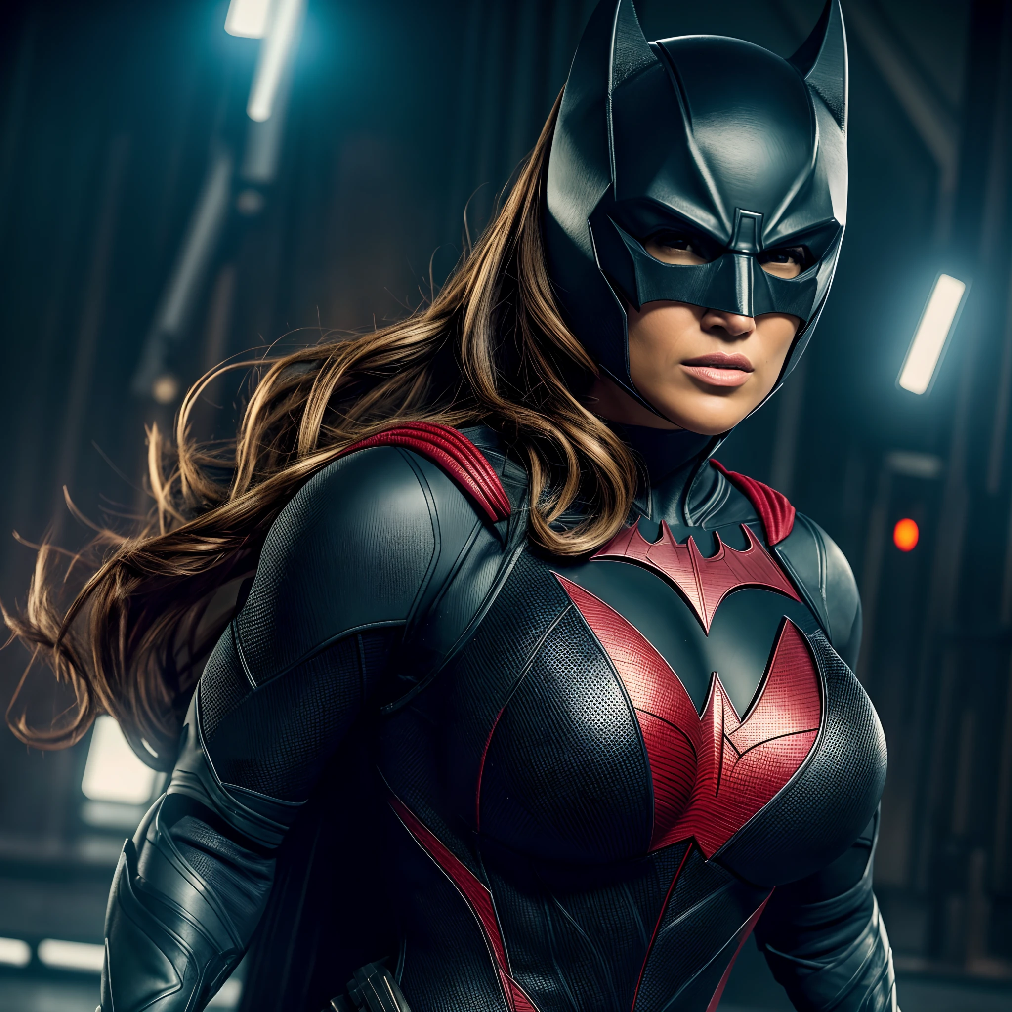 Jennifer Lopez as Batwoman, body Closeup, wearing Batman armour, dynamic pose, Batwoman outfits, muscles beauty, heroic look, athletic build, tight costume, very beautiful, sexy, Big natural breast, cleavage, Mature, milf, Full body shot, body close up, symmetrical, perfect face and body, 4k, high-res, masterpiece, best quality, sharp focus, (cinematic lighting), detailed face,