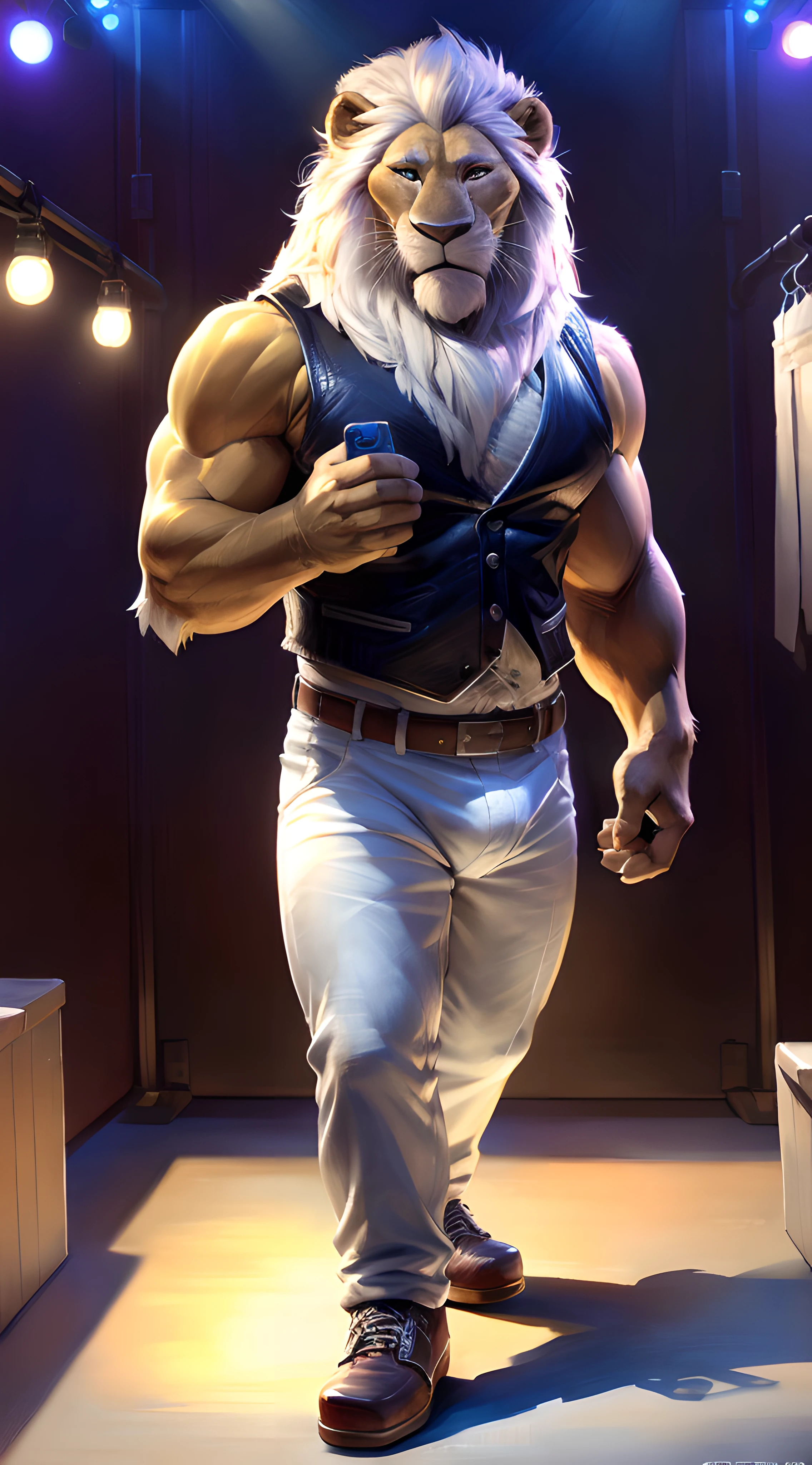 clay_calloway_(sing), (backstage background), (black vest, pale pants, belt:1.2), bulge, very muscular, (heavyweight:1.1), sexy, older male, male, white mane, masculine, lion, smile, speaking mouth, detailed eyes, detailed face, (by cheetahpaws, by darkgem, by wfa, by taran fiddler), perfect colors, perfect shadows, detailed, flirting, looking at camera, 3d render, pixar, (full body, old-fashioned shoes:1.2)