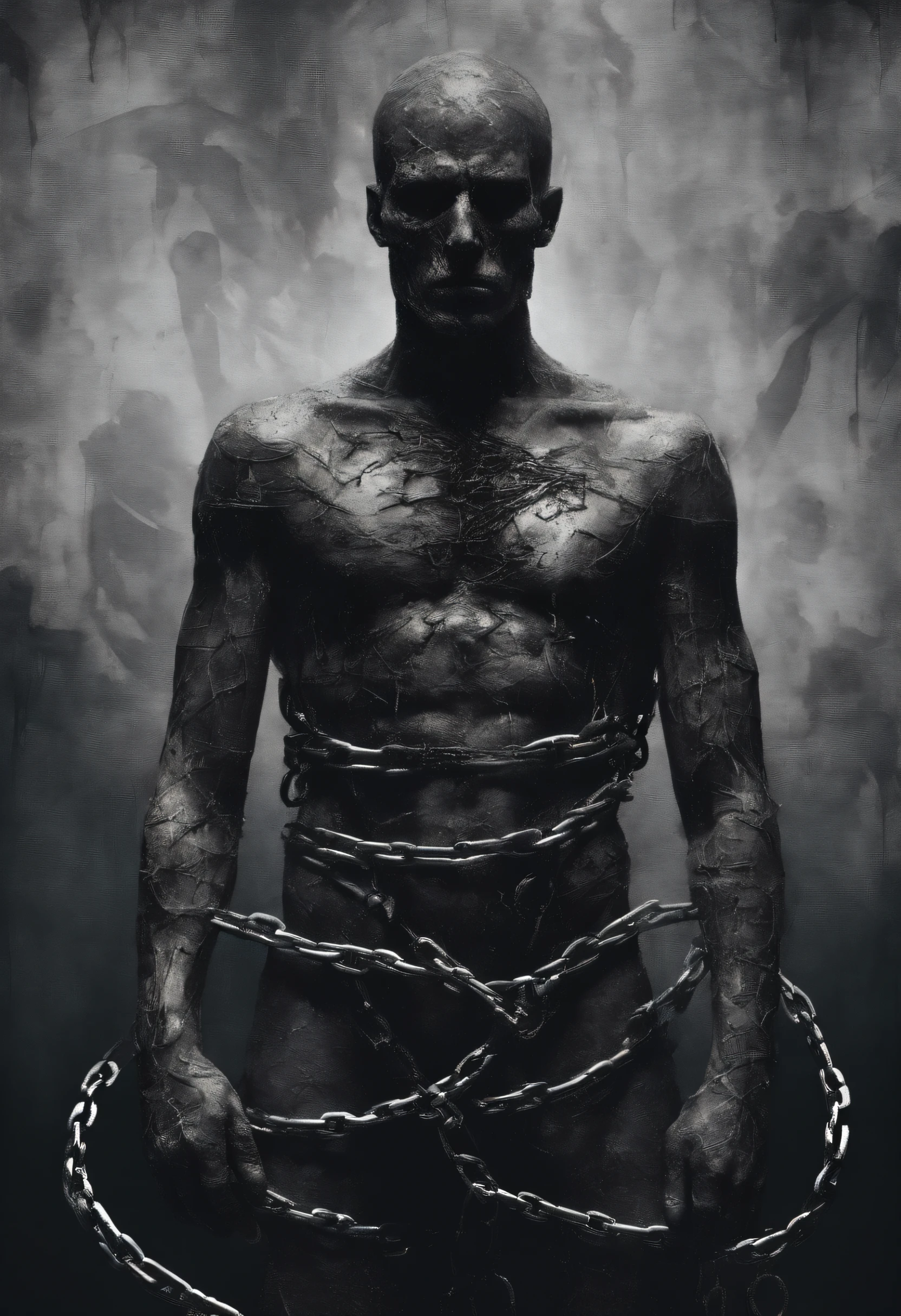 A man chained all over his body, Perfect centralization,Standing position, Abstract beauty, middle, Looking at the camera, Facing the camera, Approaching perfection, mournful, hopelessness, full body Esbian, Dynamic, ighly detailed, suave, foco nítido, 8K, hight resolution, Illustration, art by:Kahne Griffith and Vadim Kashin, white backgrounid, Vibrant colors